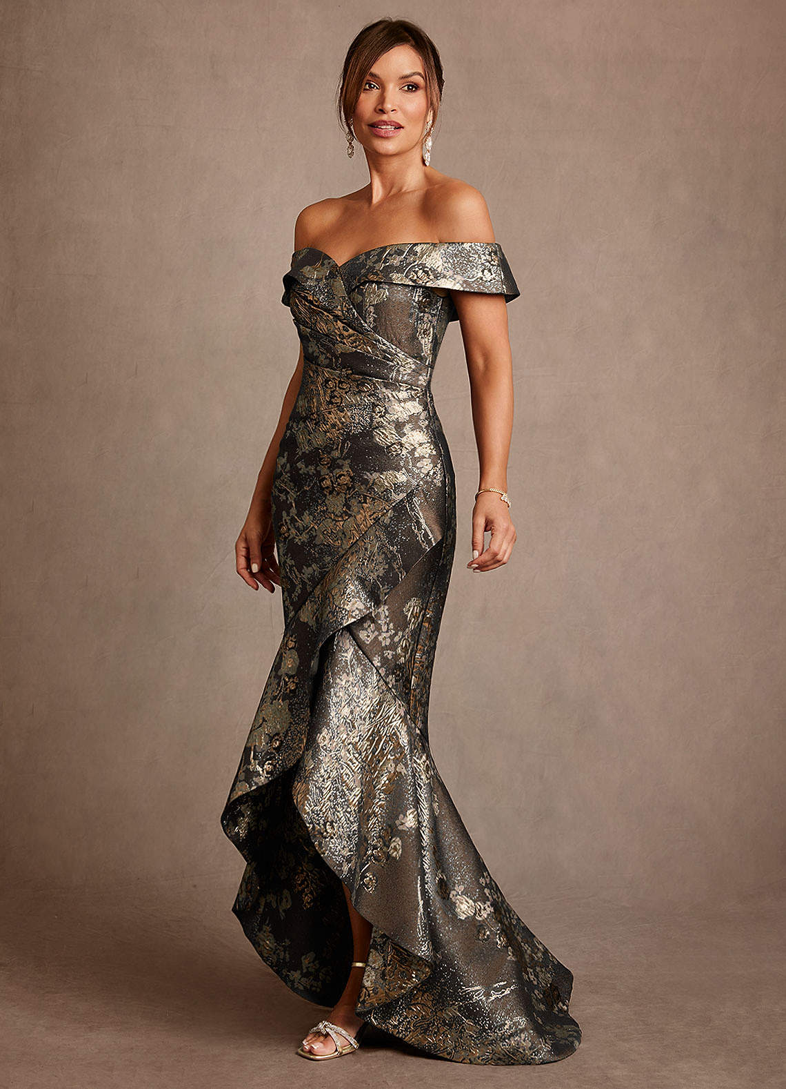 Winnetka Mermaid Off-the-Shoulder Jacquard Mother of the Bride Dress in Mocha Coco