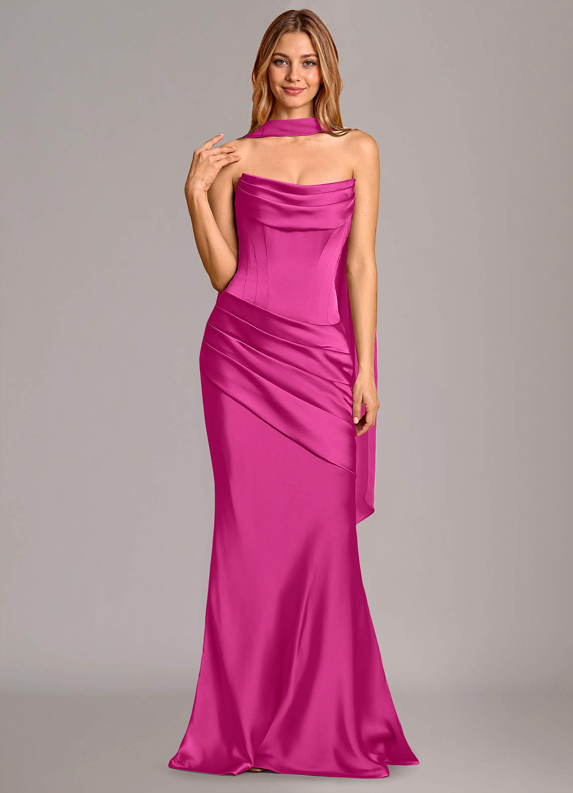 Pelagia Mermaid Cowl-Neck Stretch Satin Bridesmaid Dress in Fuchsia