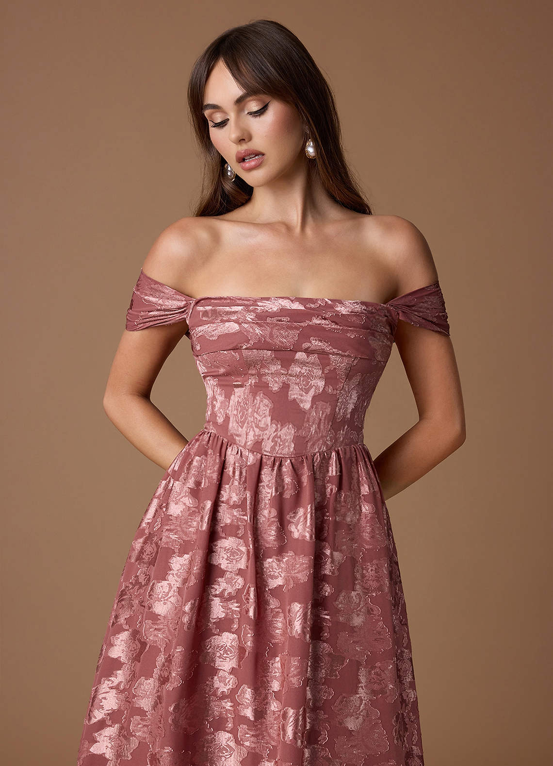 Hazel A-Line Cowl-Neck Fil Coupé Wedding Guest Dress in Vintage Rose