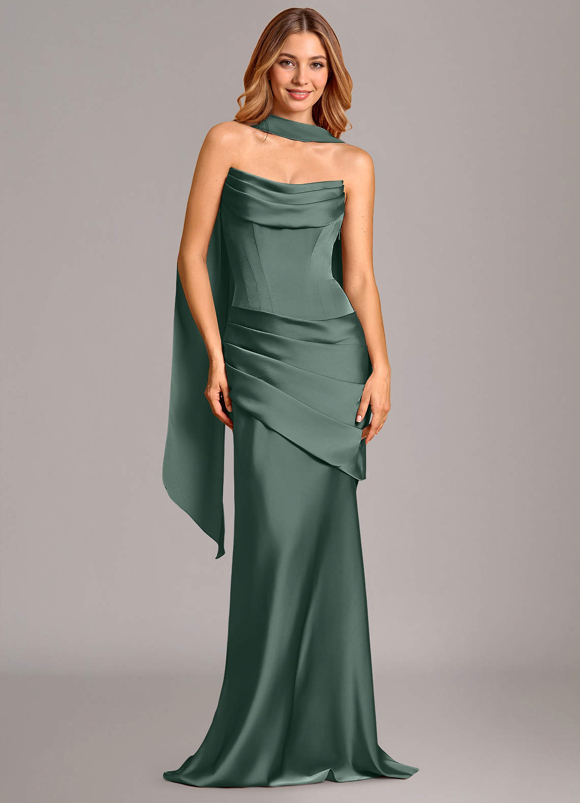 Pelagia Mermaid Cowl-Neck Stretch Satin Bridesmaid Dress in Sea Moss