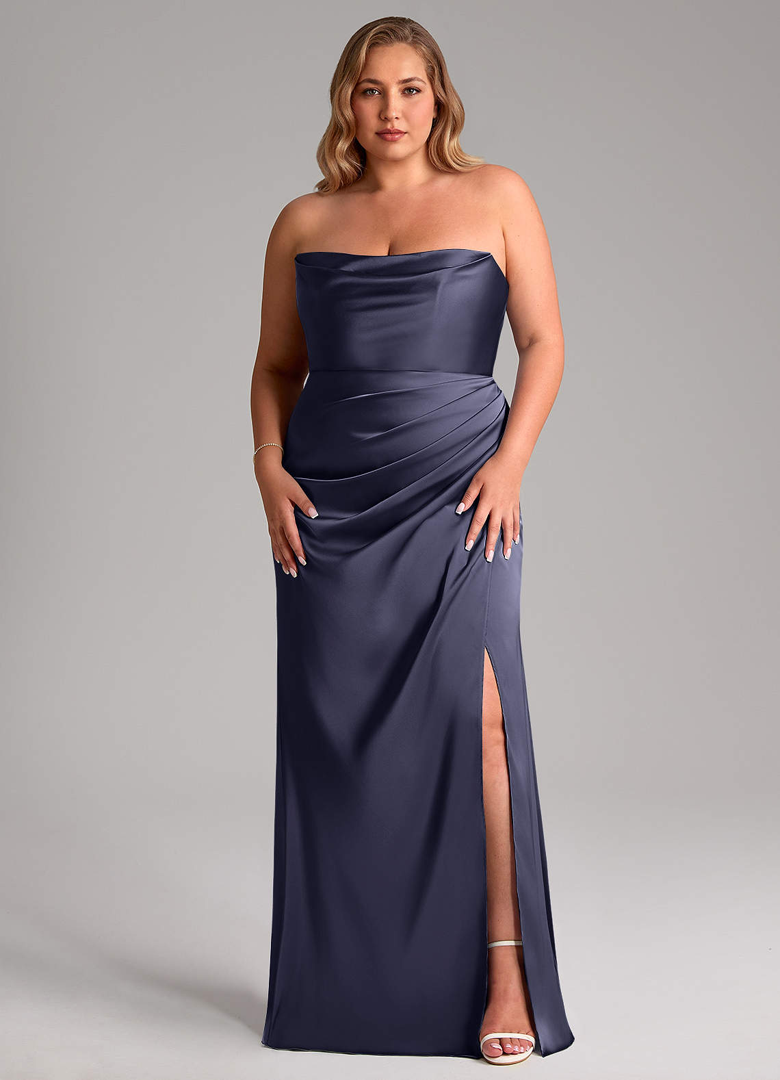 Leonis Mermaid Cowl-Neck Stretch Satin Bridesmaid Dress in Stormy