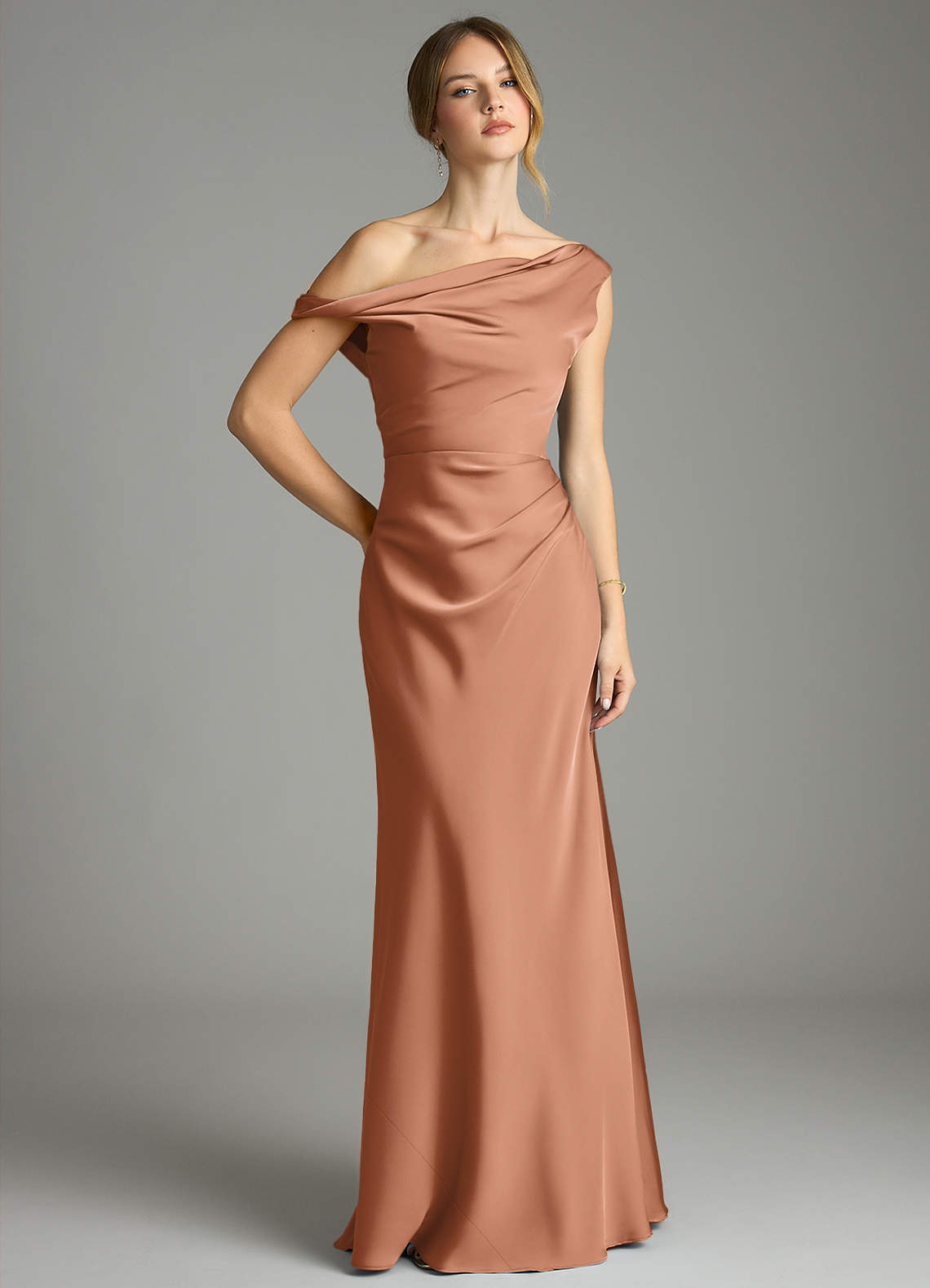 Emerson Mermaid One-Shoulder Stretch Satin Bridesmaid Dress in Bronzer