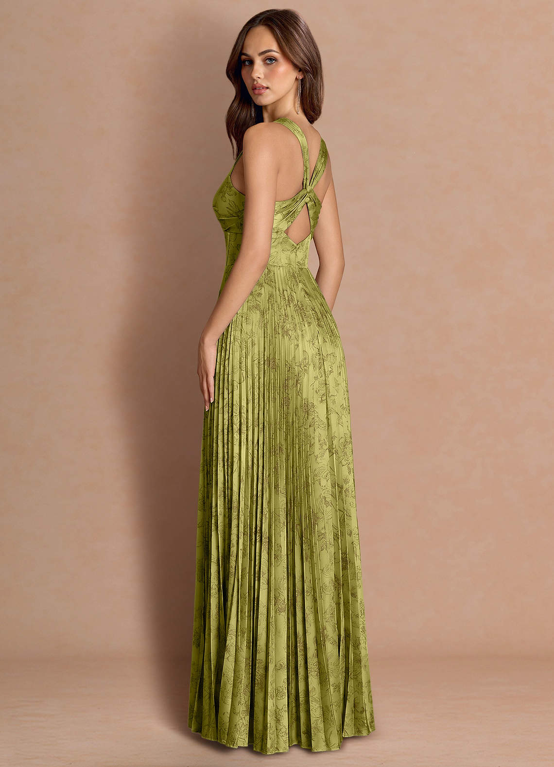 Tatiana A-Line Square-Neck Jacquard Wedding Guest Dress in Moss Brown