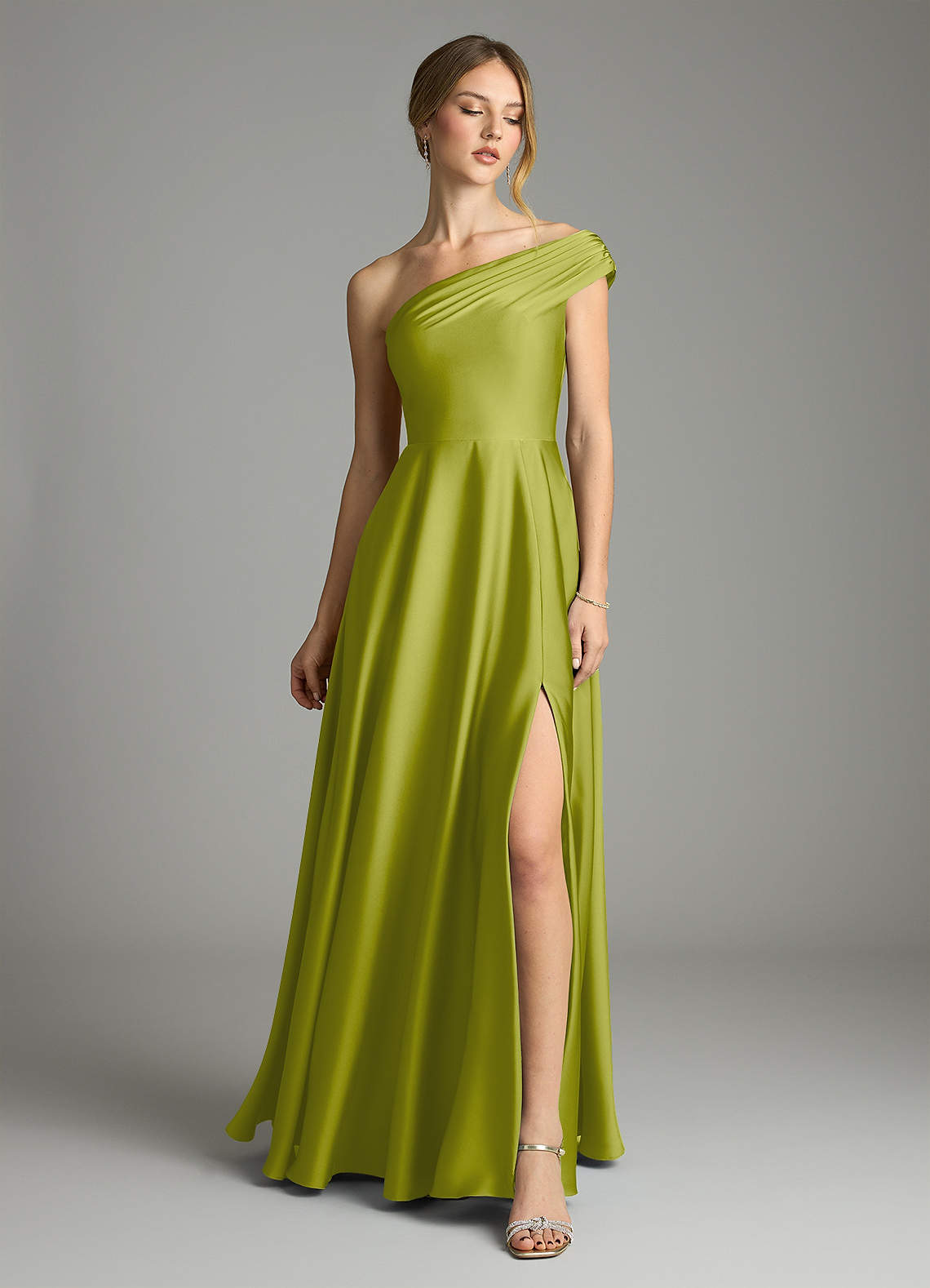 Melanie A-Line One-Shoulder Stretch Satin Bridesmaid Dress in Lemongrass