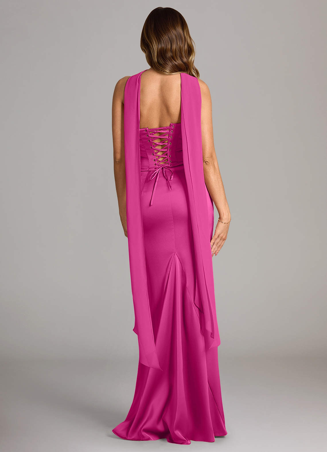 Sorrel Mermaid Cowl-Neck Stretch Satin and Chiffon Bridesmaid Dress in Fuchsia