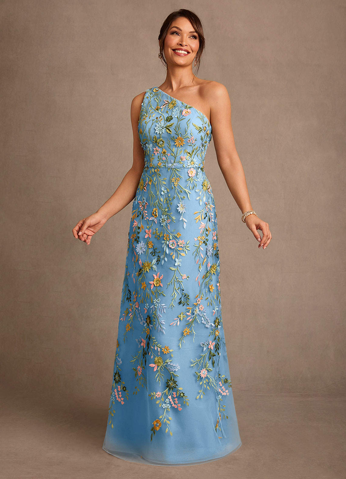 Bertie A-Line One-Shoulder Lace Mother of the Bride Dress in Steel Blue