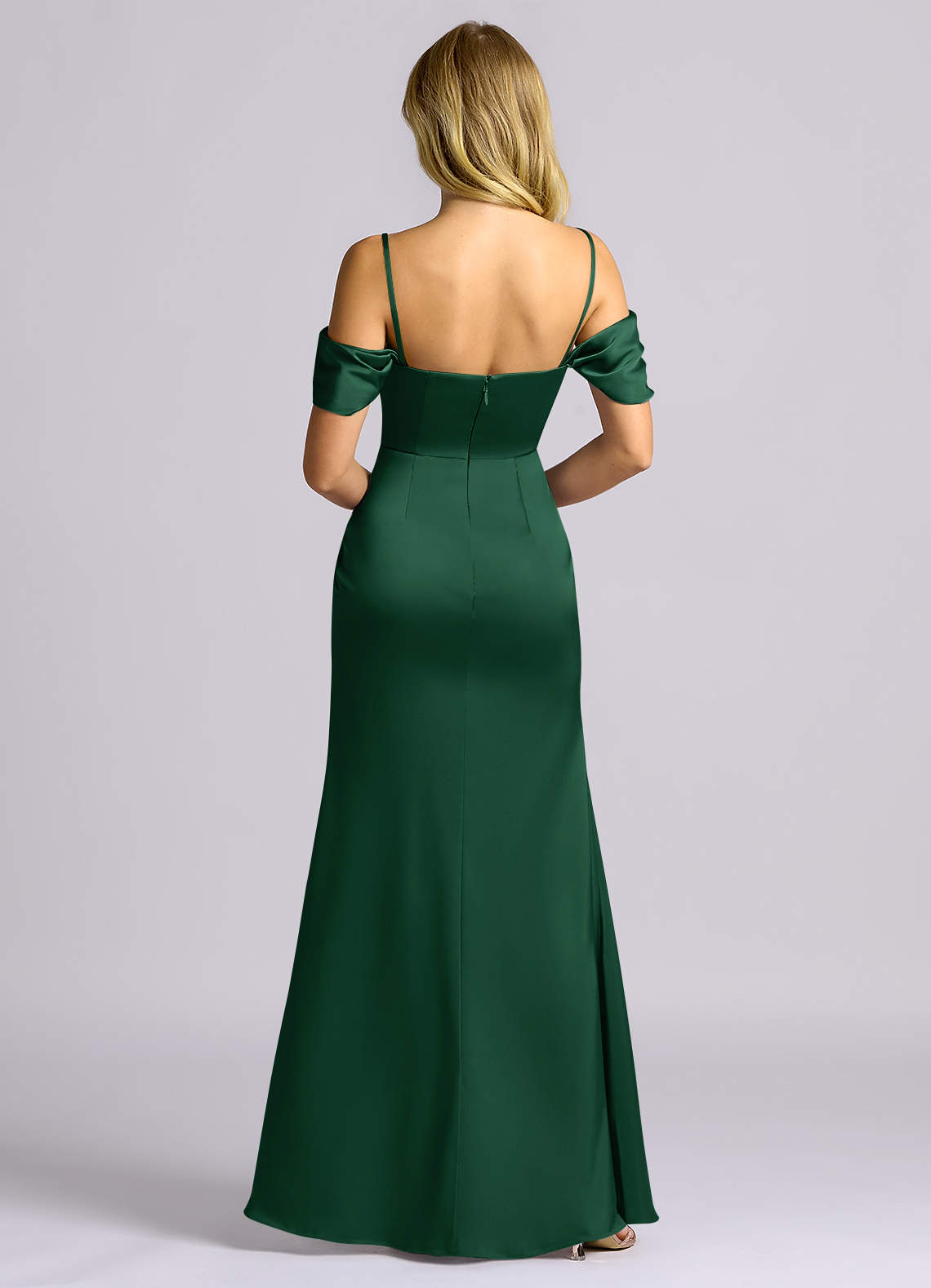 Auden Sheath Off-the-Shoulder Stretch Satin Bridesmaid Dress in Dark Green