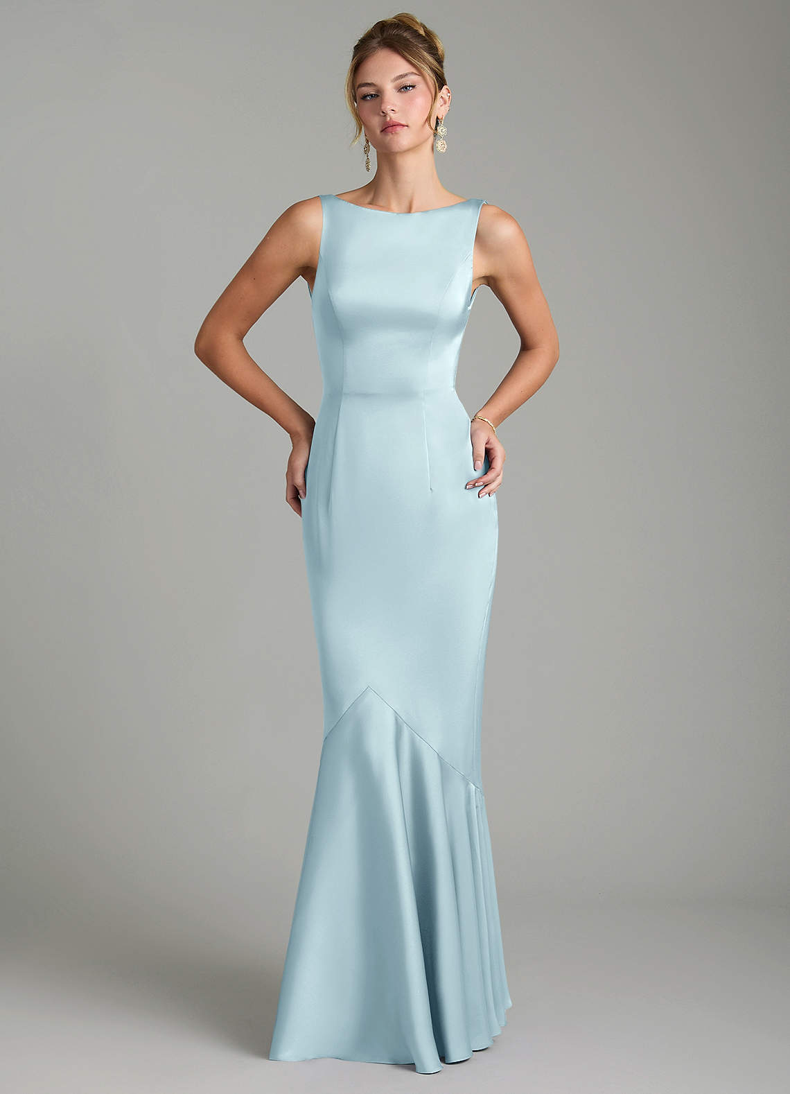 Tamera Mermaid Boat-Neck Stretch Satin and Chiffon Bridesmaid Dress in Cloud Blue