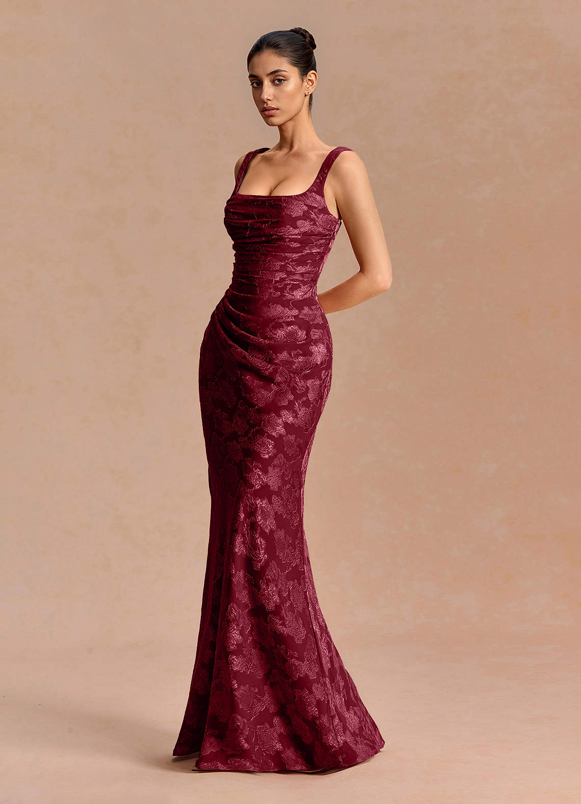 Agustina Square-Neck Pleated Fil Coupé Evening Dress in Wine
