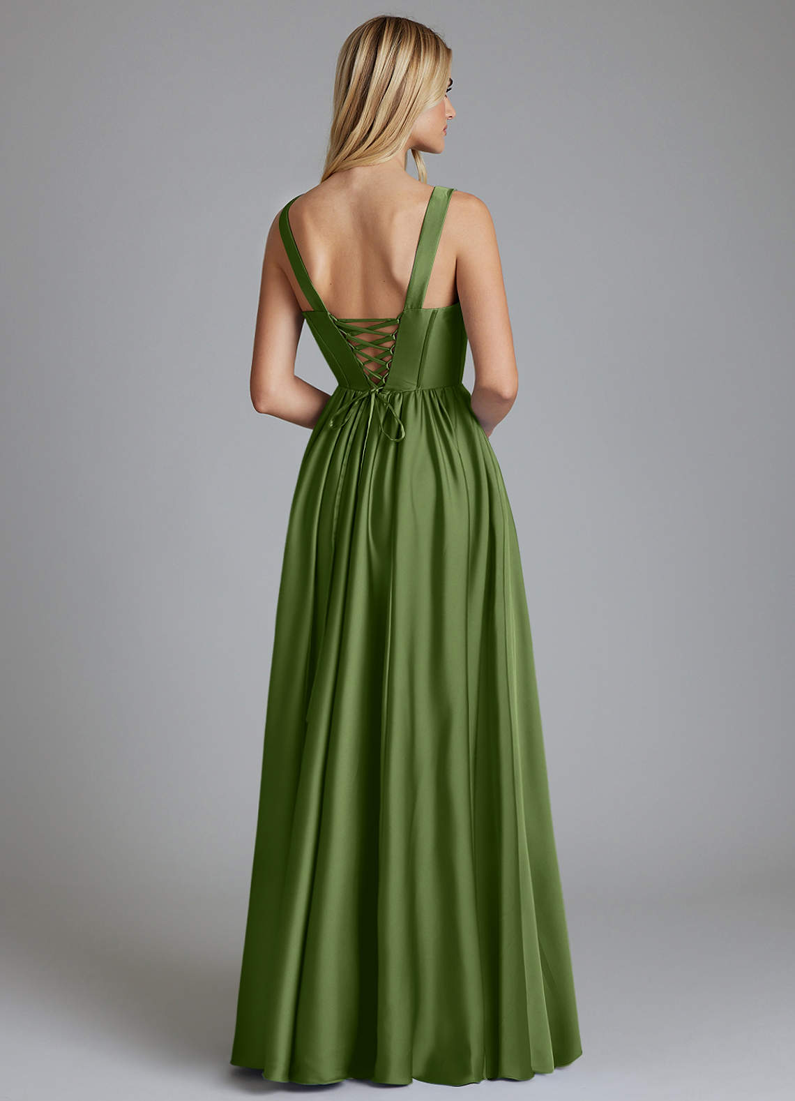 Delmie A-Line V-Neck Stretch Satin Bridesmaid Dress in Juniper