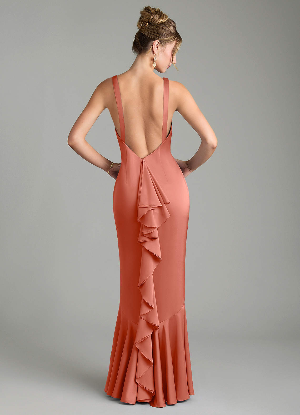 Tamera Mermaid Boat-Neck Stretch Satin and Chiffon Bridesmaid Dress in Salmon Pink