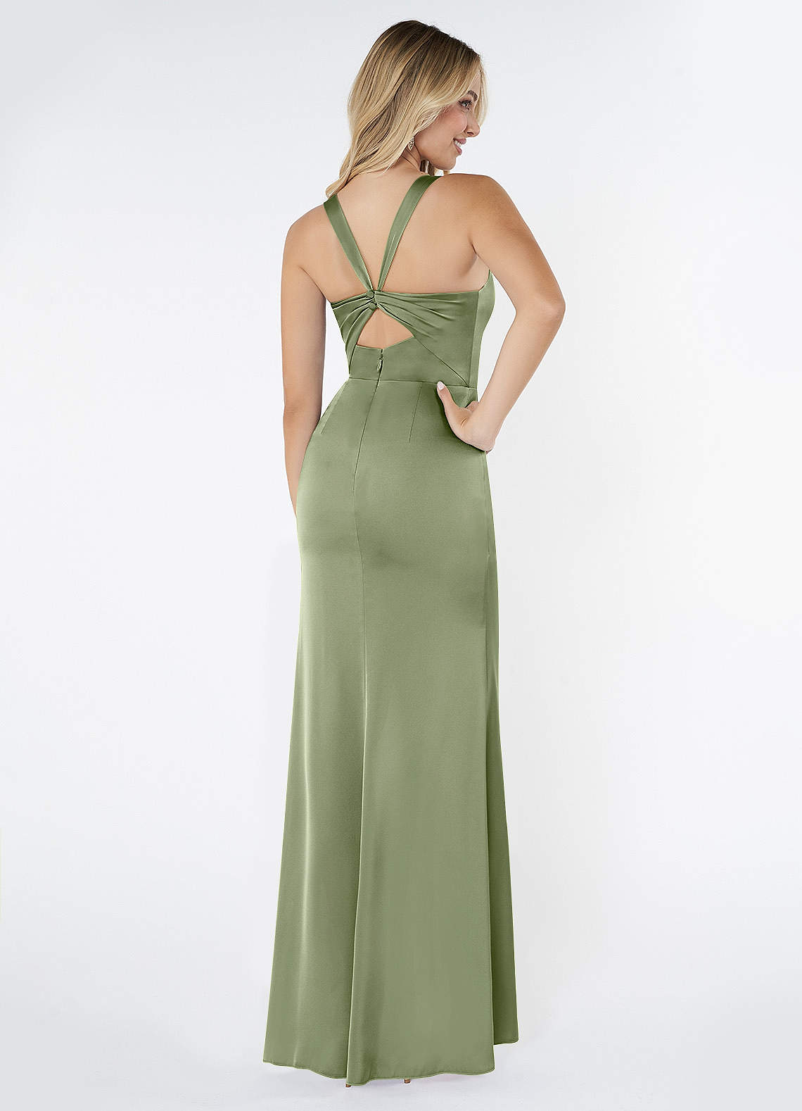 Mero Mermaid Square-Neck Stretch Satin Bridesmaid Dress in Pistachio