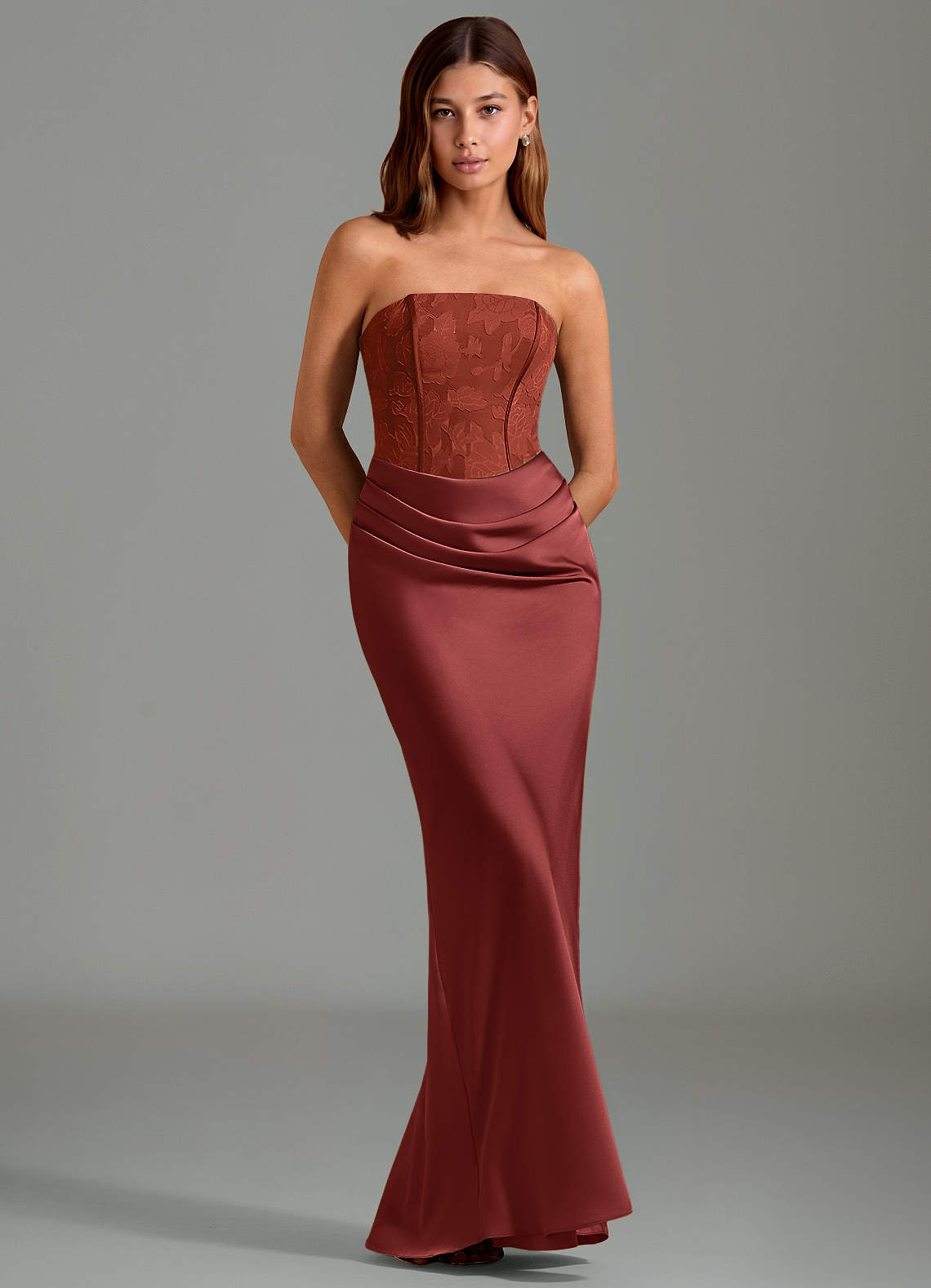 Emilia Mermaid Strapless Stretch Satin and Floral Burnout Bridesmaid Dress in Terracotta