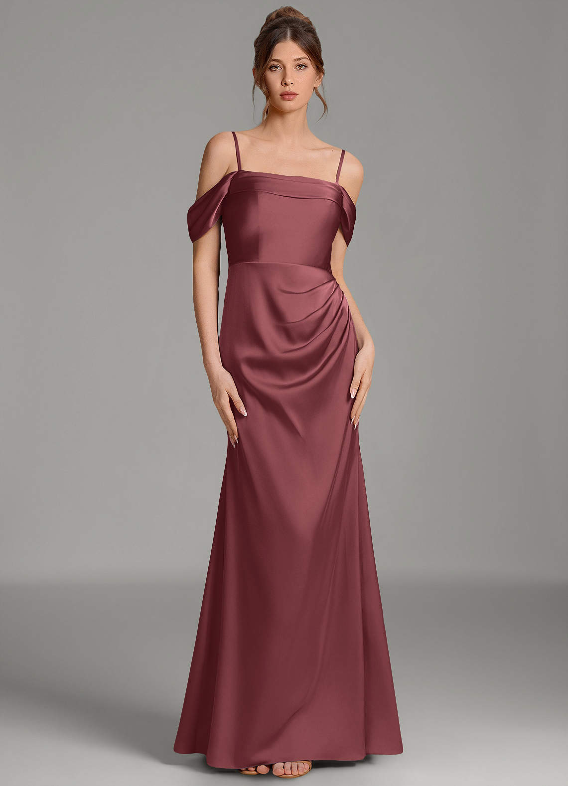 Wyatt Mermaid Off-the-Shoulder Stretch Satin Bridesmaid Dress in Merlot