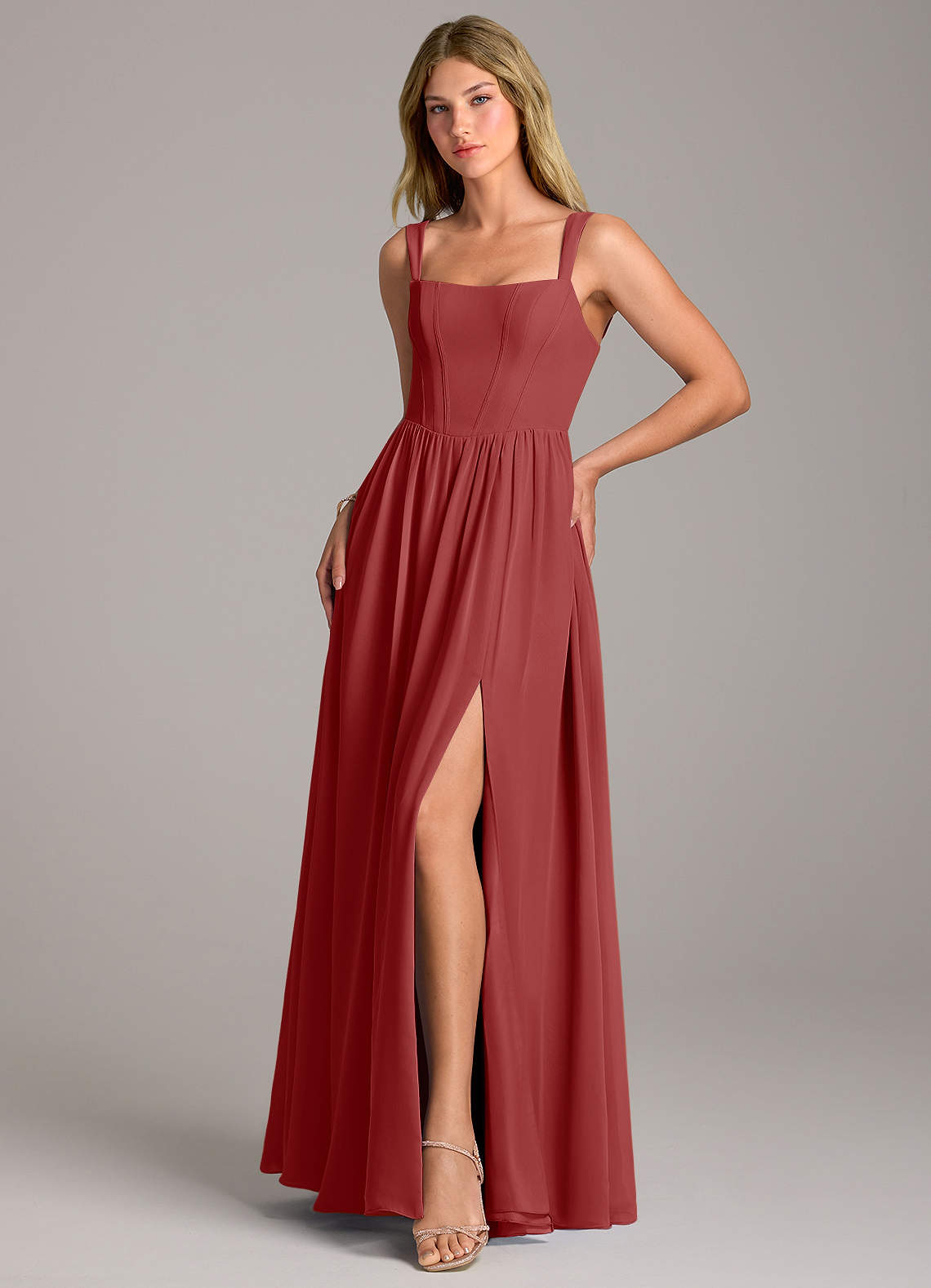 Rosaline A-Line Square-Neck Chiffon Bridesmaid Dress in Rust
