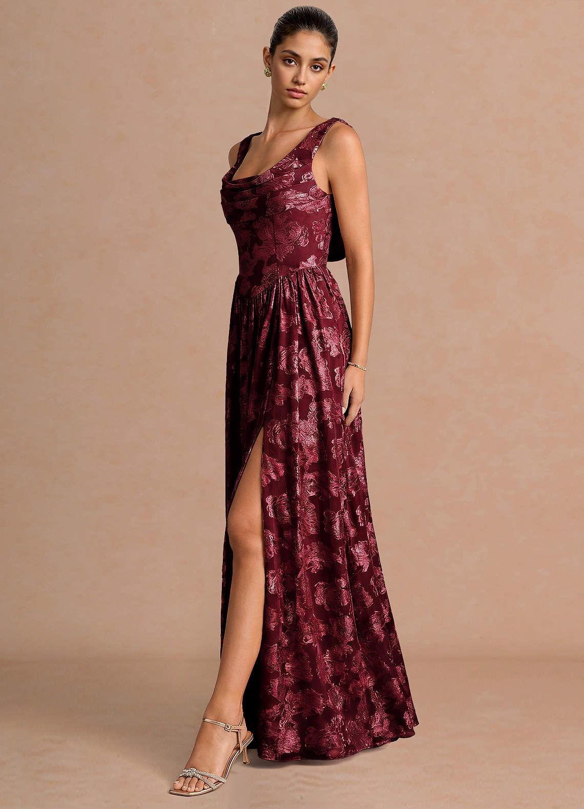 Novi A-Line Draped-Neck Floral Fil Coupé Evening Dress in Lemon Sorbet