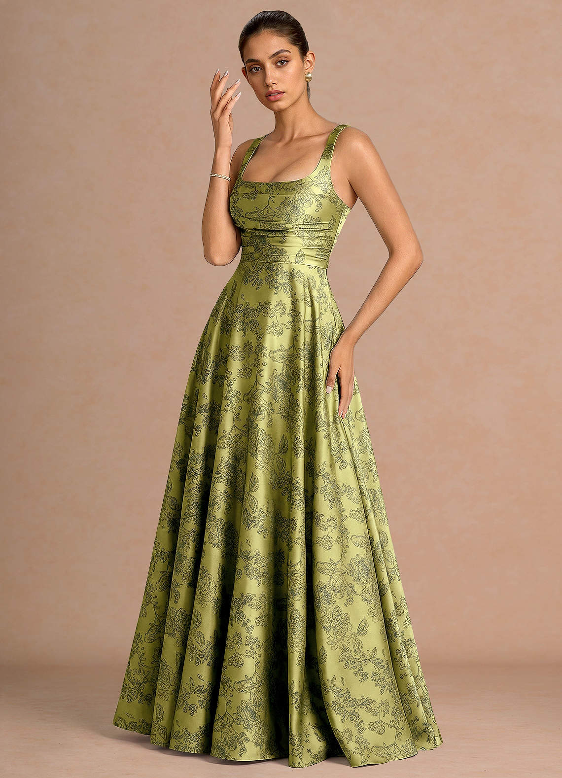 Azaria A-Line Square-Neck Jacquard Evening Dress in Moss Navy