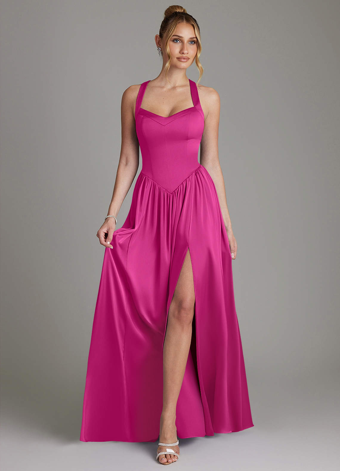 Francis A-Line V-Neck Stretch Satin Bridesmaid Dress in Fuchsia