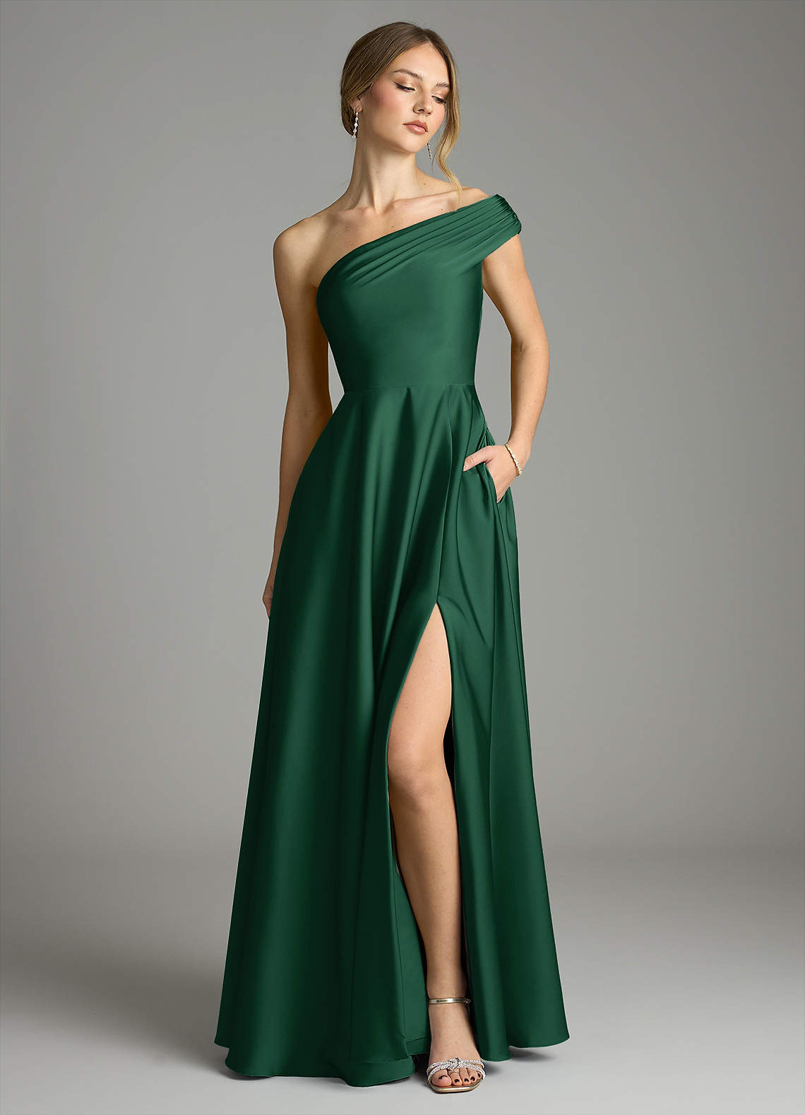 Melanie A-Line One-Shoulder Stretch Satin Bridesmaid Dress in Dark Green