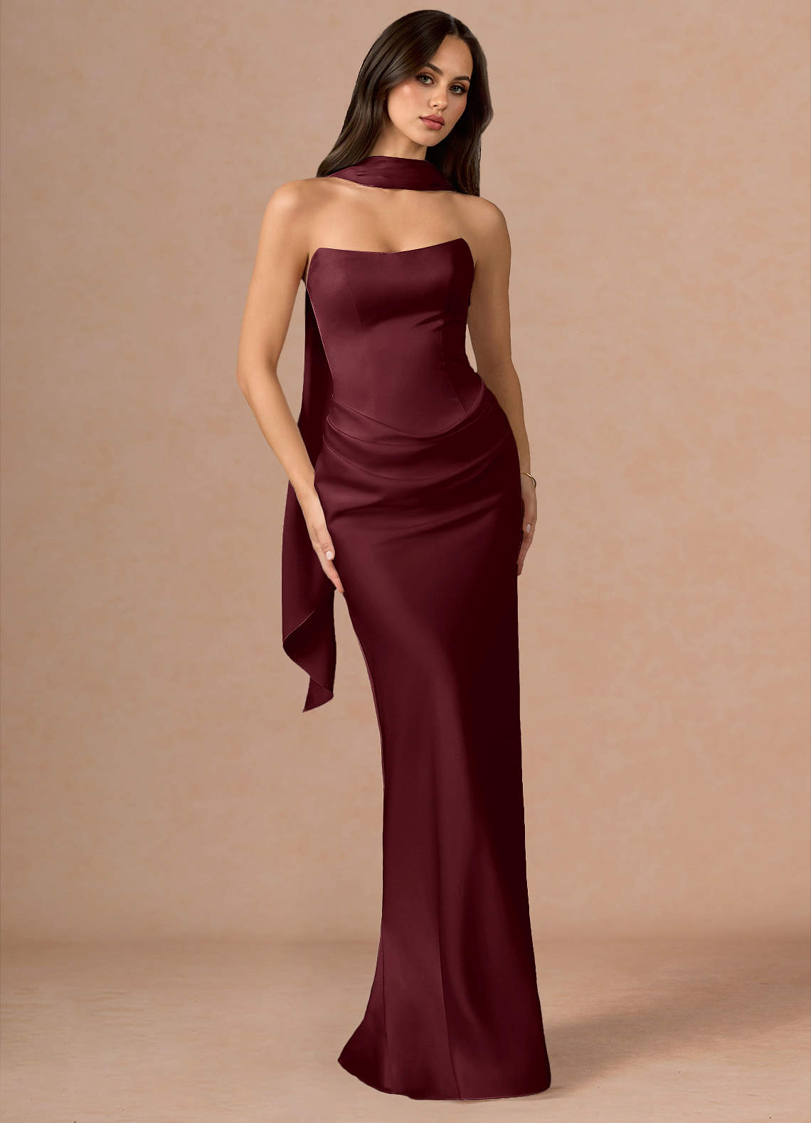 Valencia Scarf Lace-Up Stretch Satin Evening Dress in Dusty Blue