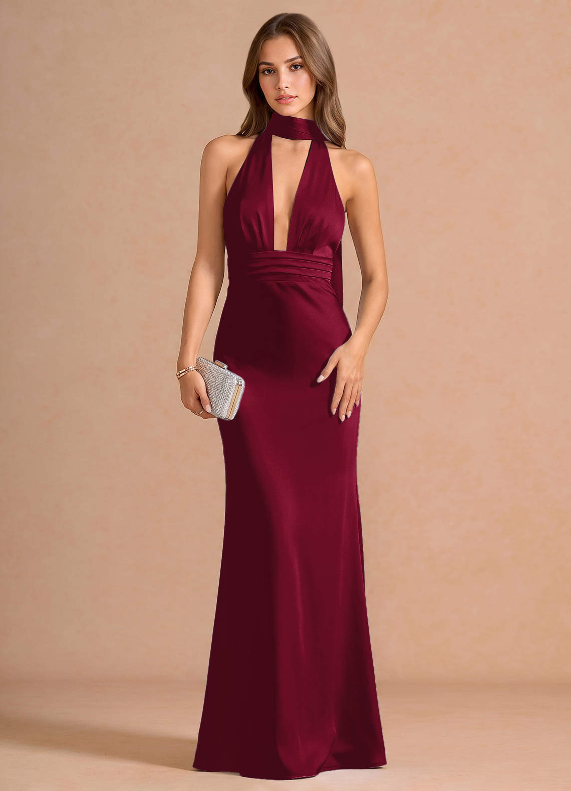 Linnea A-Line V-Neck Stretch Satin Evening Dress in Haze Pink