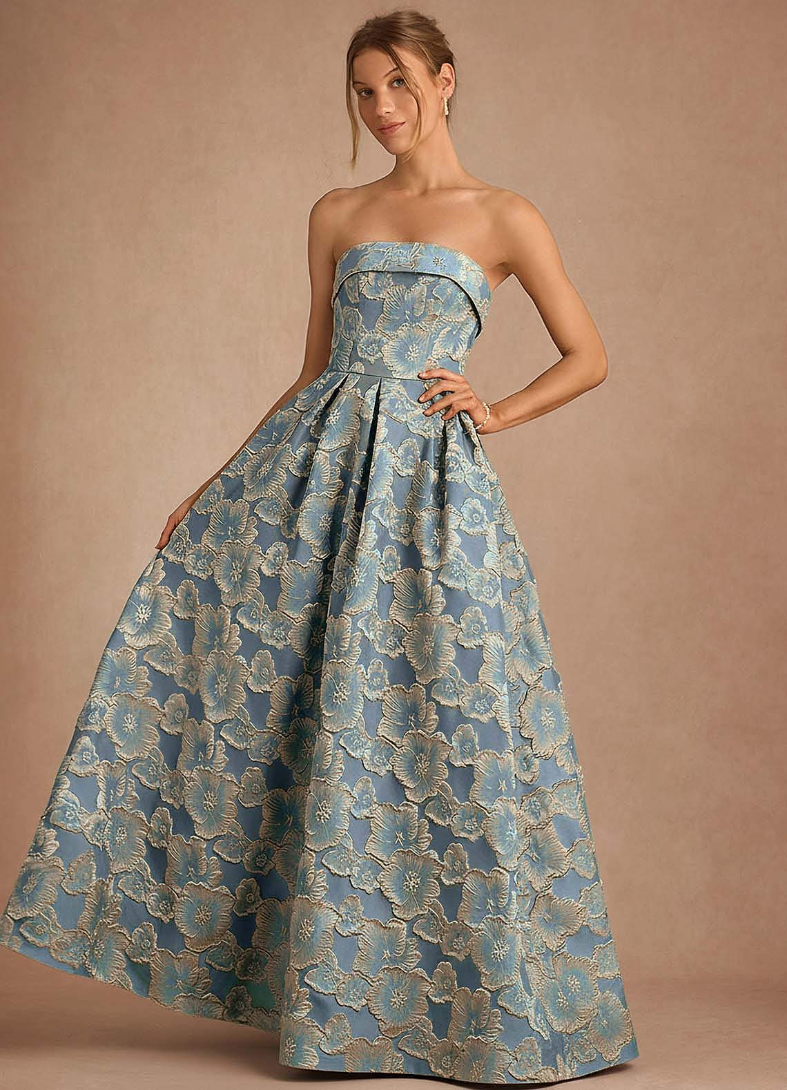Florentine A-Line Bandeau Jacquard Taffeta Evening Dress in Lake Blue