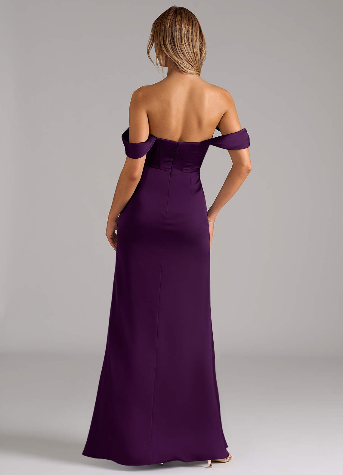 Johana Mermaid Off-the-Shoulder Stretch Satin Bridesmaid Dress in Grape