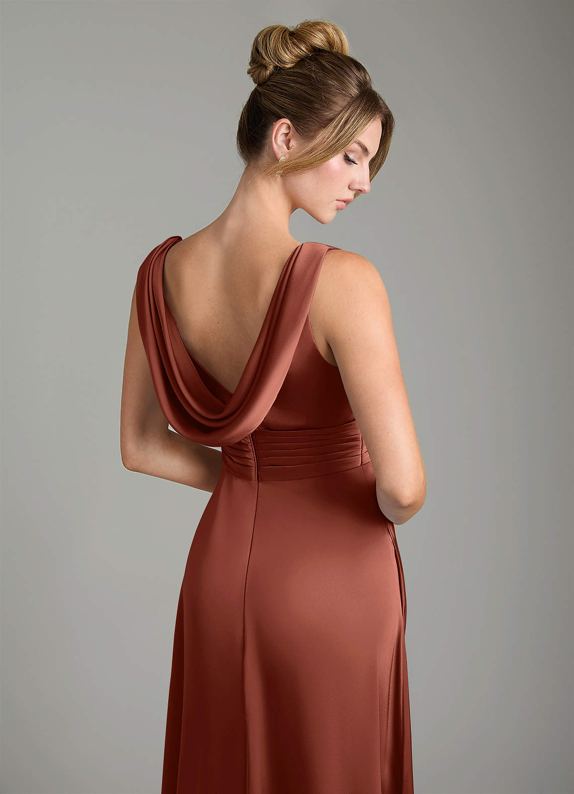 Karina A-Line V-Neck Stretch Satin Bridesmaid Dress in Auburn