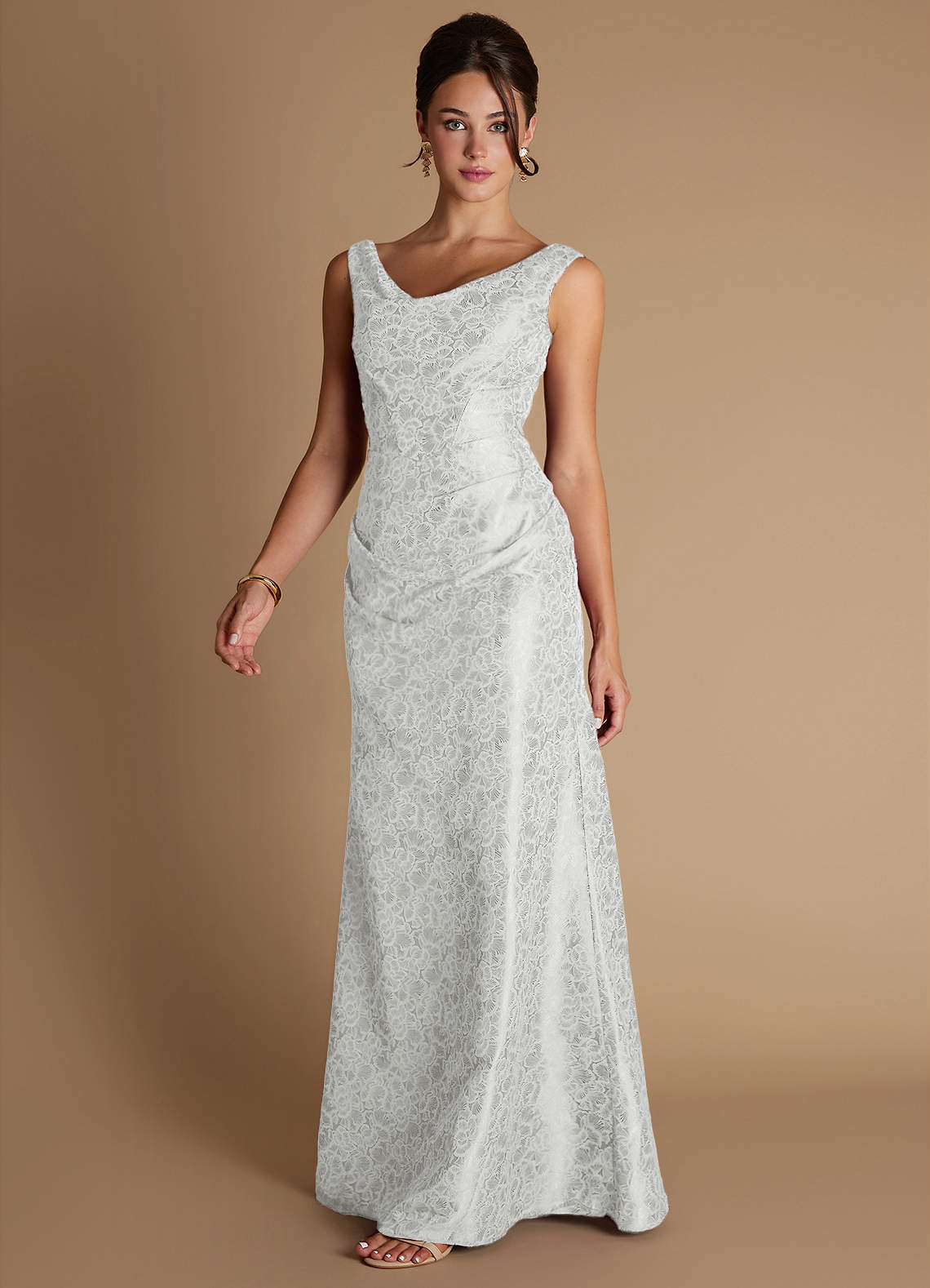 Kiana Mermaid Scoop-Neck Jacquard Wedding Guest Dress in Cream