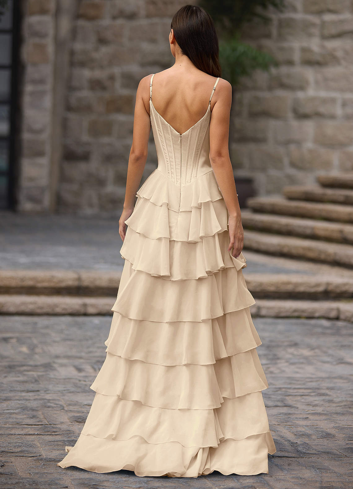 Floralace A-Line Ruffle Chiffon Evening Dress in Champagne