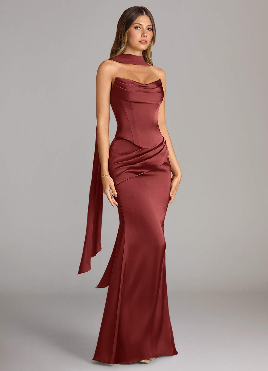 Sorrel Mermaid Cowl-Neck Stretch Satin and Chiffon Bridesmaid Dress in Terracotta