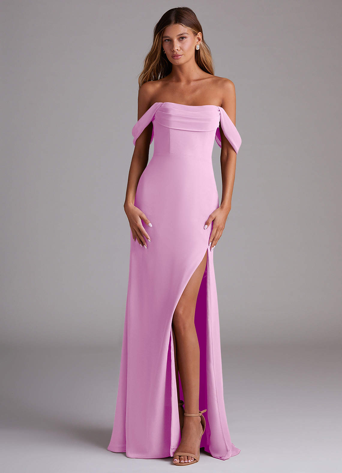 Saige A-Line Off-the-Shoulder Chiffon Bridesmaid Dress in candy pink