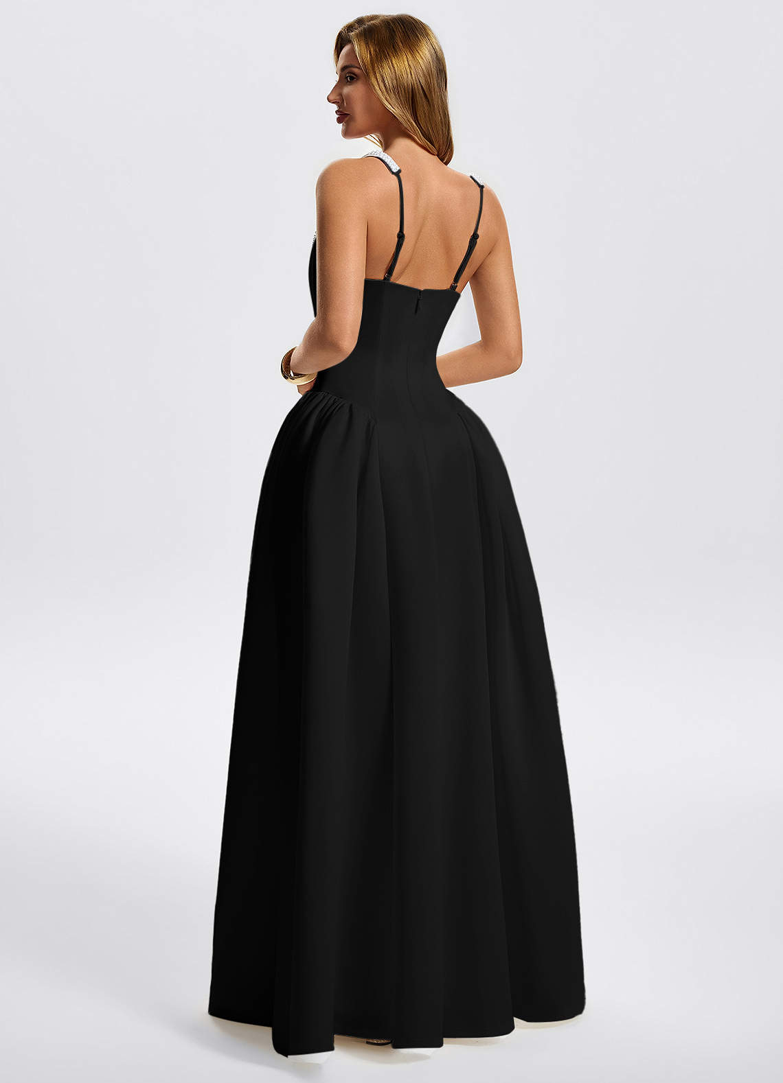 Kaelin A-Line Square-Neck Stretch Knit Evening Dress in Black