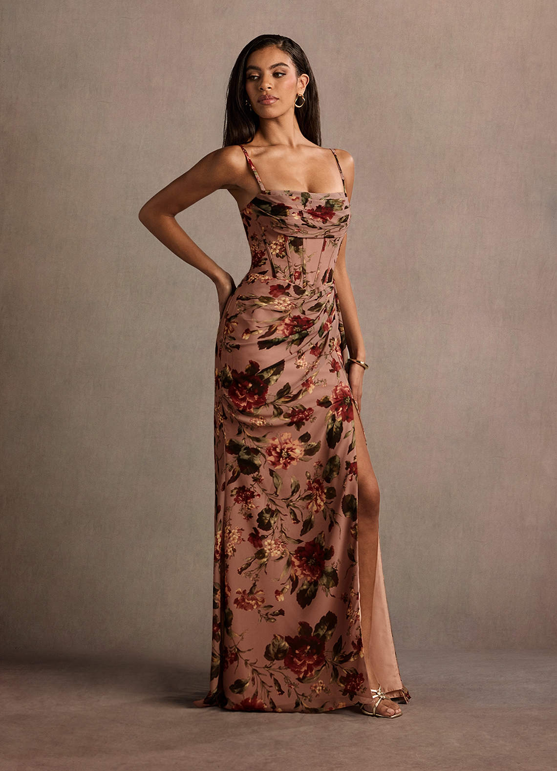 Aurra A-Line Pleated Floral Chiffon Wedding Guest Dress in Mauve Multi