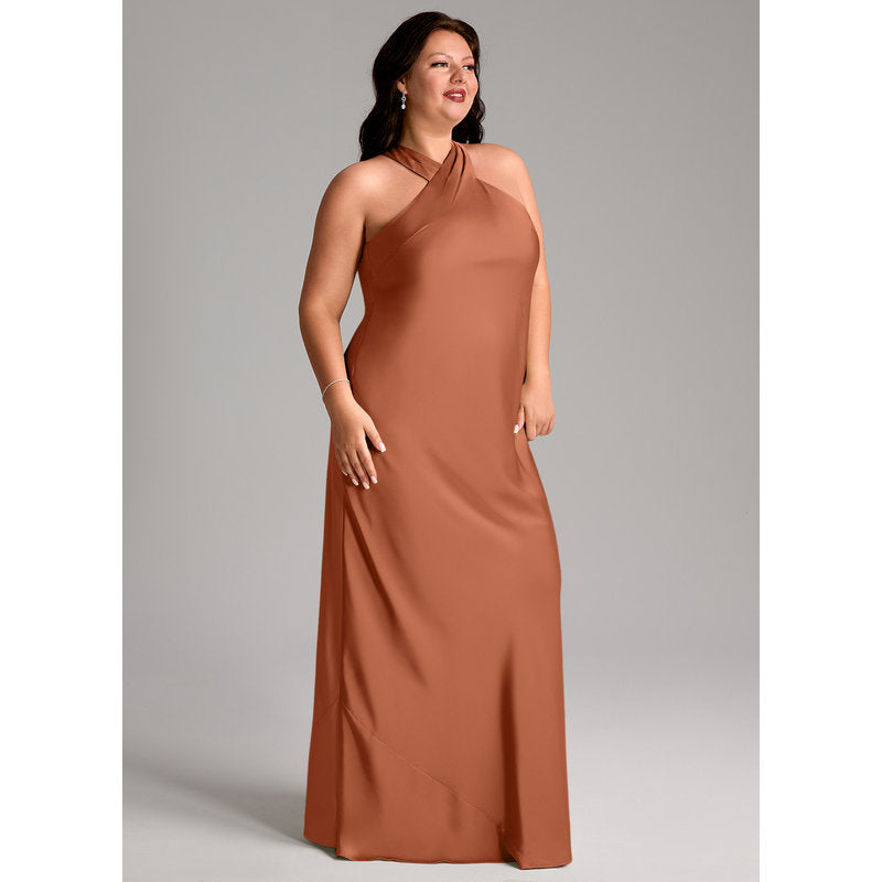 Doretta Mermaid Halter Stretch Satin Bridesmaid Dress in Cedar Rose - view 9