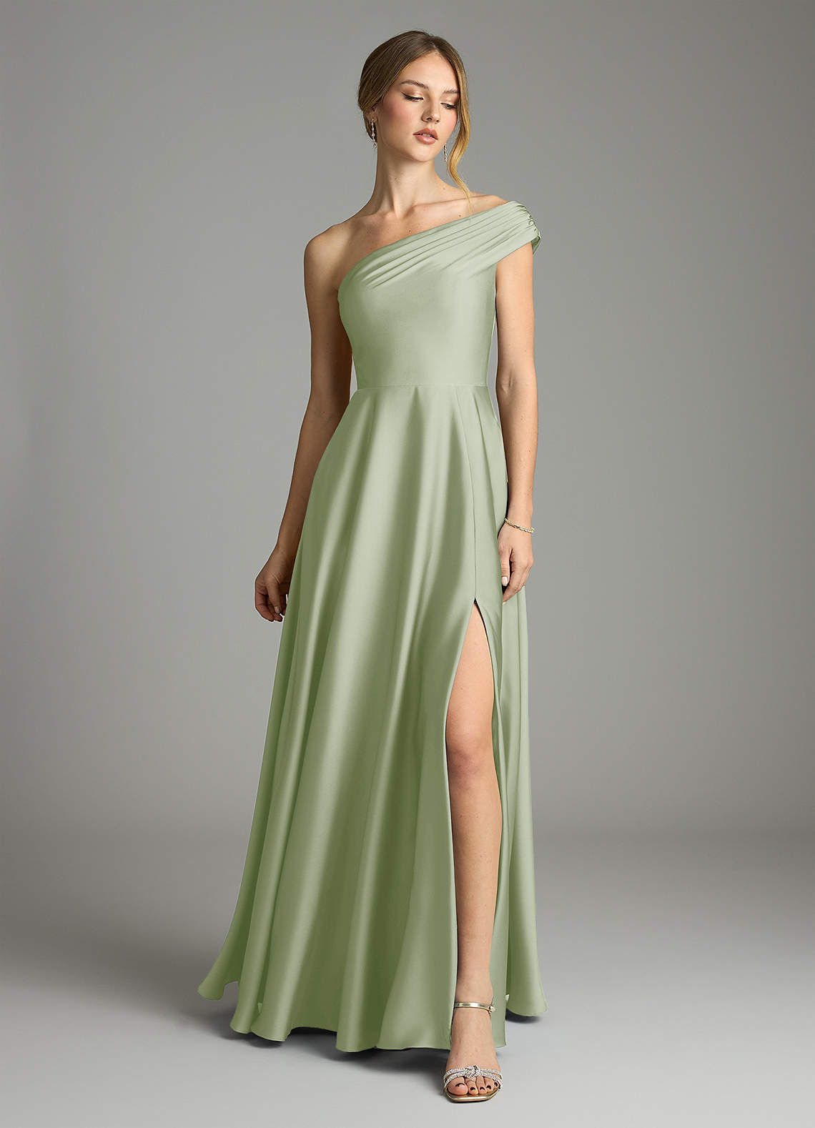 Melanie A-Line One-Shoulder Stretch Satin Bridesmaid Dress in Dusty Sage