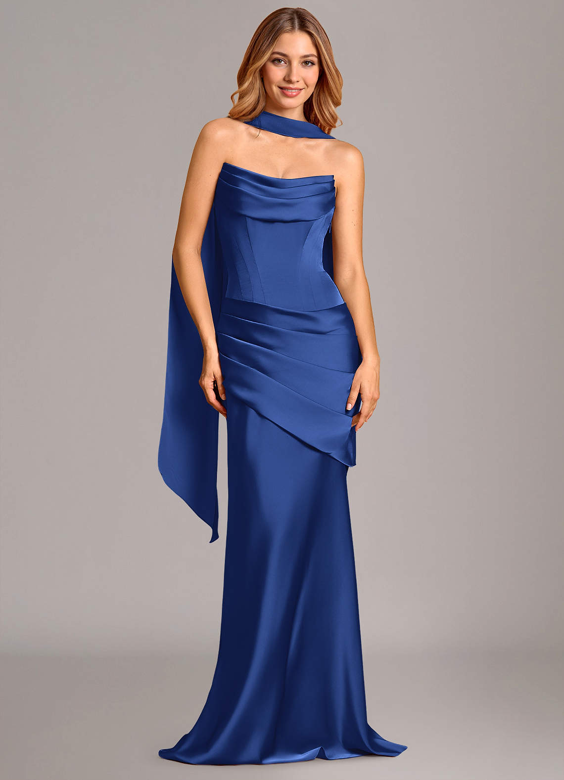 Pelagia Mermaid Cowl-Neck Stretch Satin Bridesmaid Dress in Royal Blue
