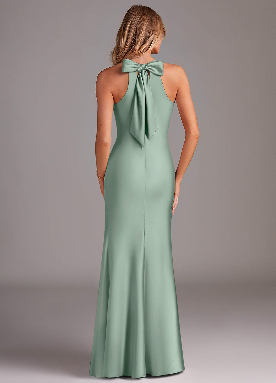 Doretta Mermaid Halter Stretch Satin Bridesmaid Dress in Agave