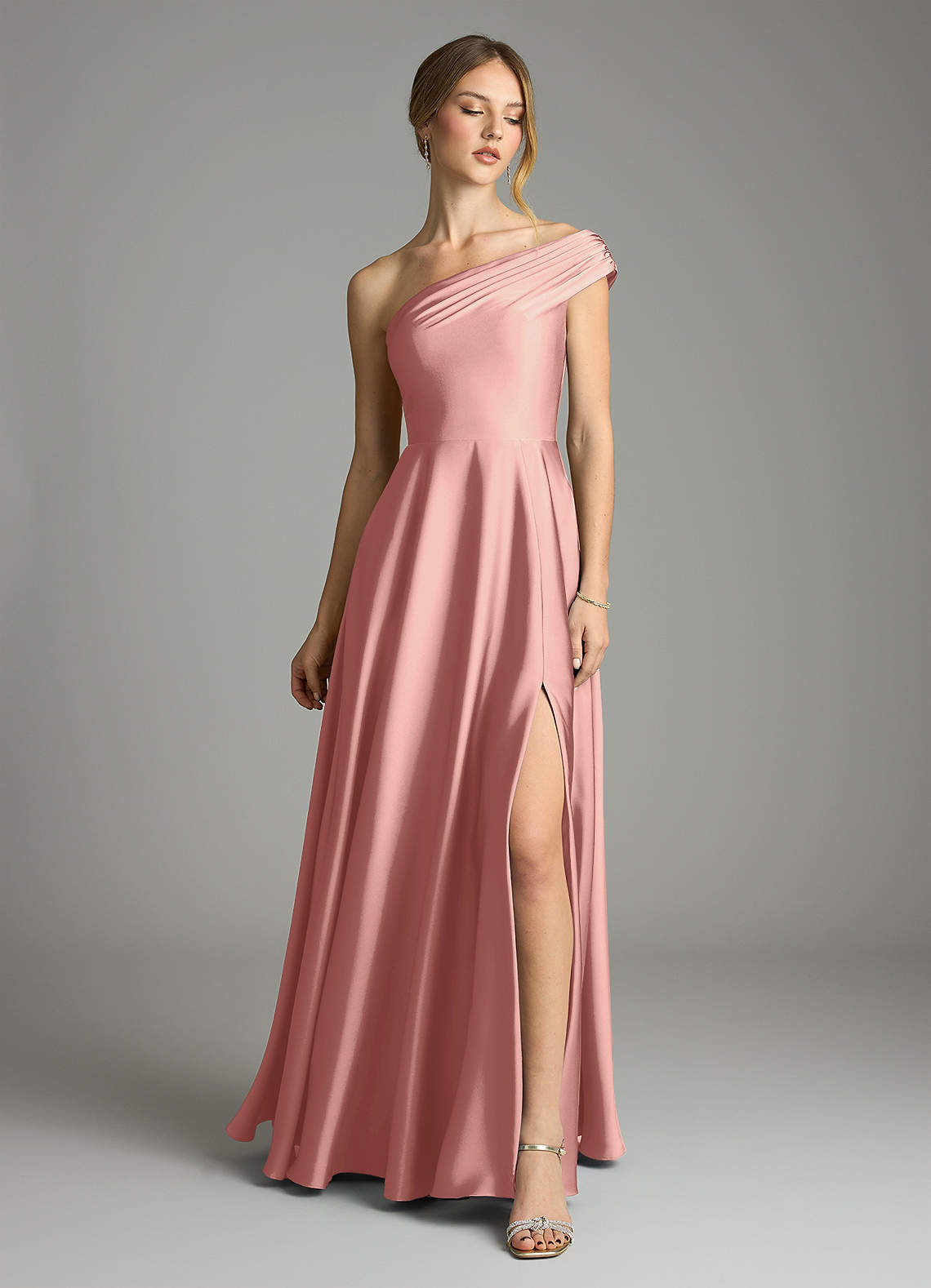 Melanie A-Line One-Shoulder Stretch Satin Bridesmaid Dress in Rosette