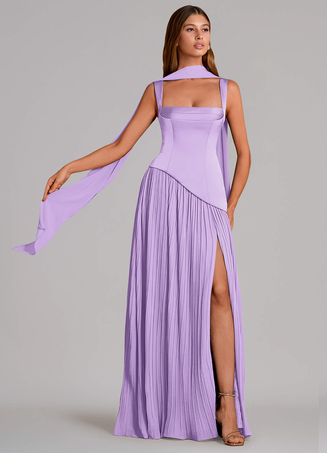 Stephanie A-Line Square-Neck Stretch Satin and Chiffon Bridesmaid Dress in Lilac