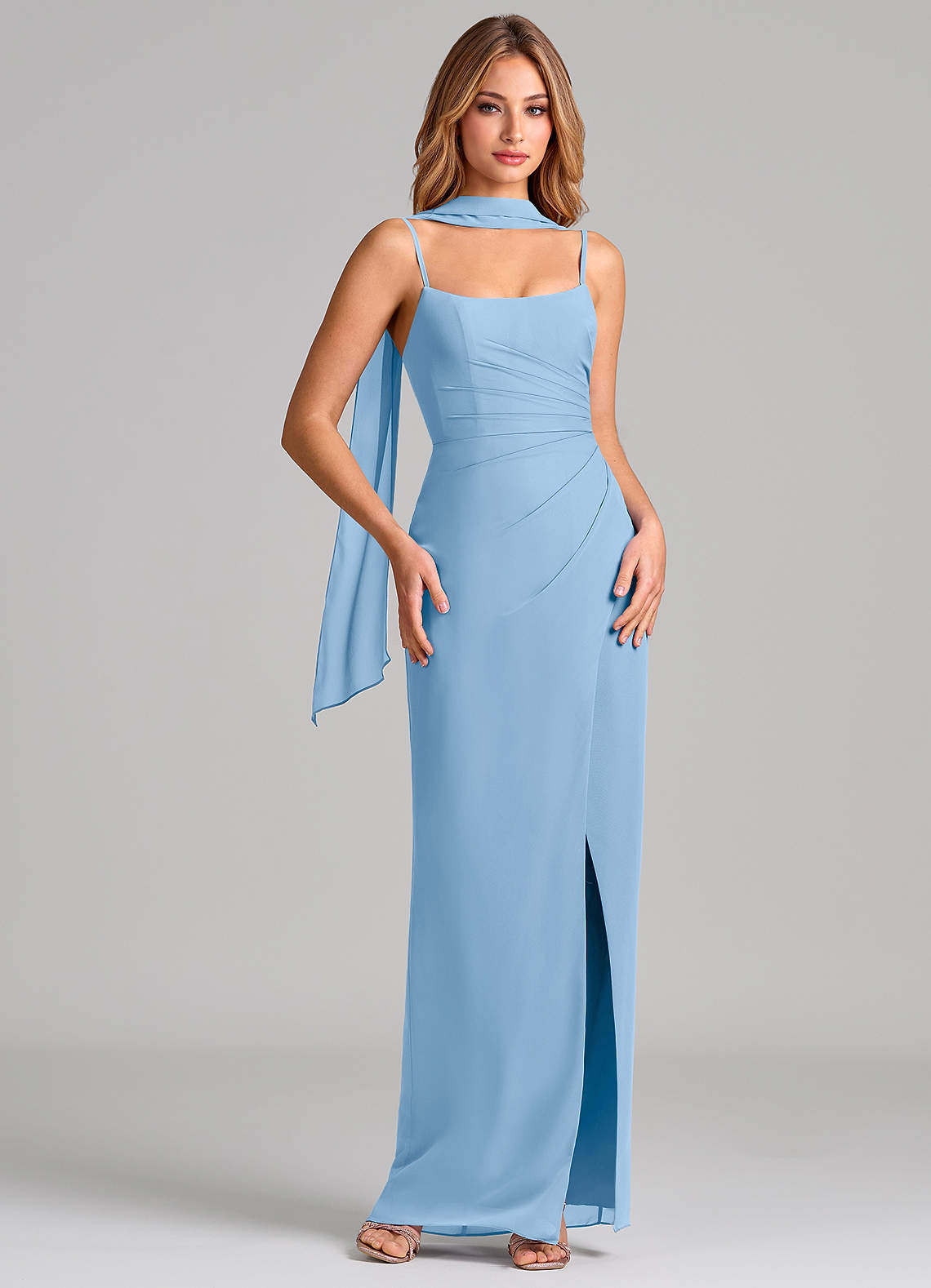 Calandra Sheath Scoop-Neck Chiffon Bridesmaid Dress in Powder Blue