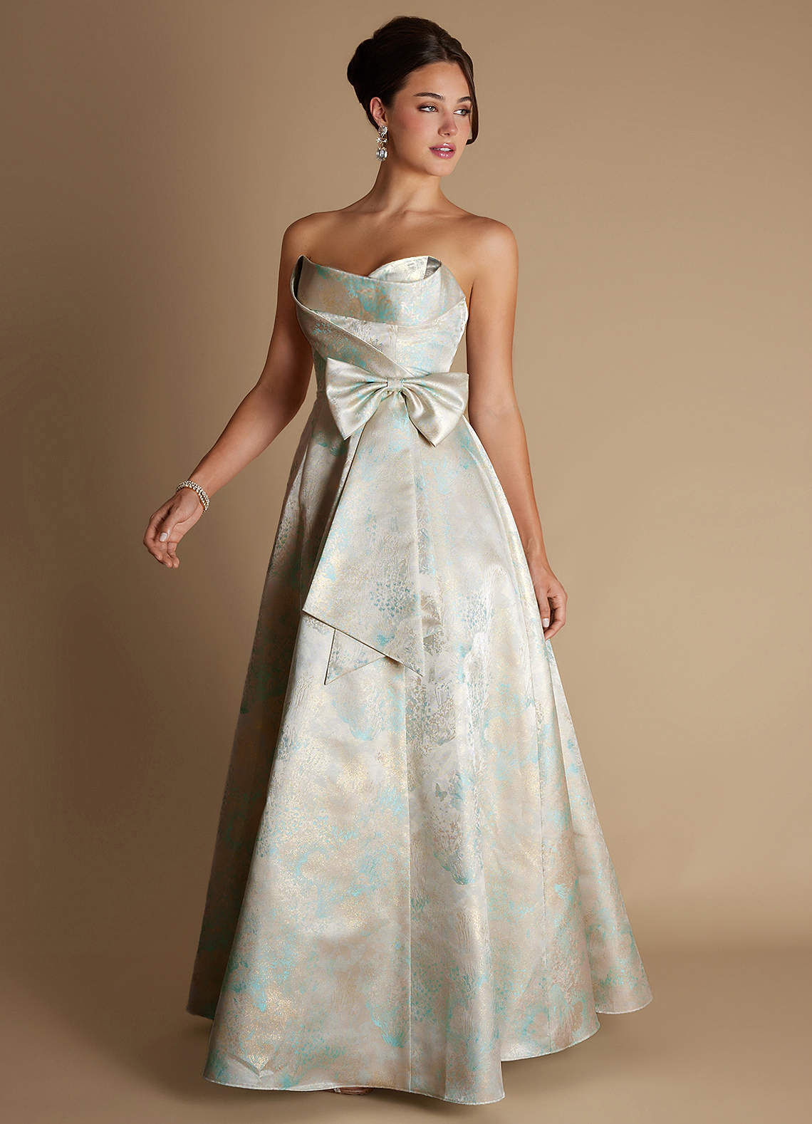 Alanis A-Line Strapless Brocade Evening Dress in Mint Pearl