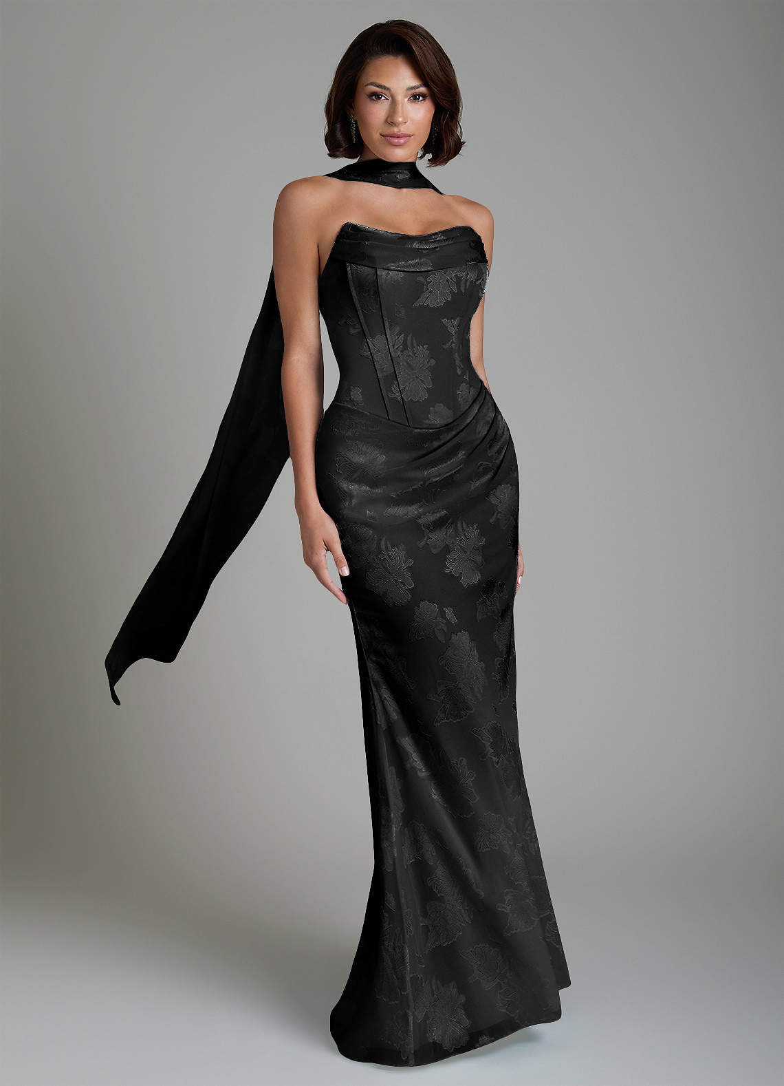 Ariah Mermaid Cowl-Neck Jacquard Bridesmaid Dress in Black