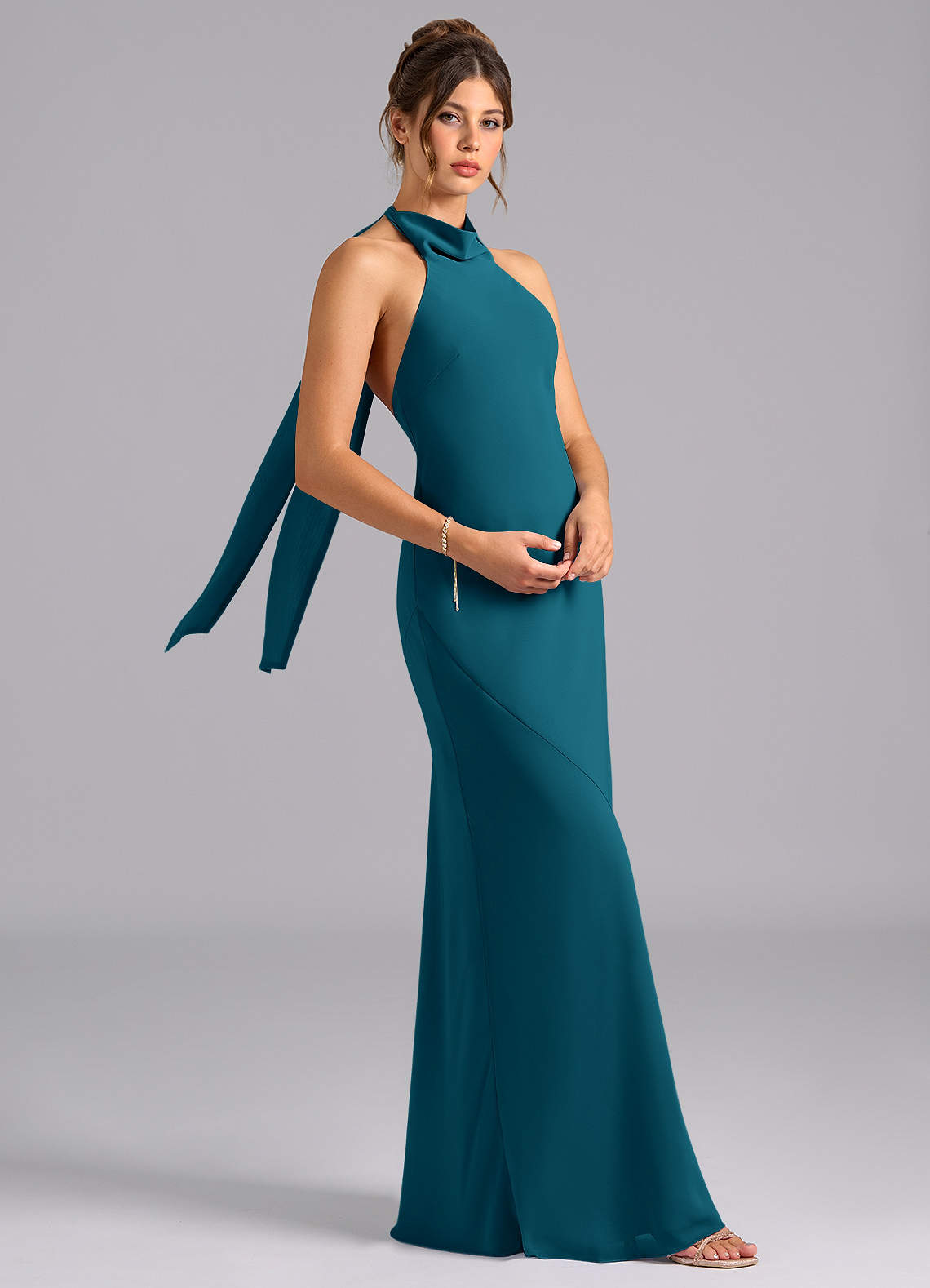Velli Mermaid Halter Chiffon Bridesmaid Dress in Ink Blue