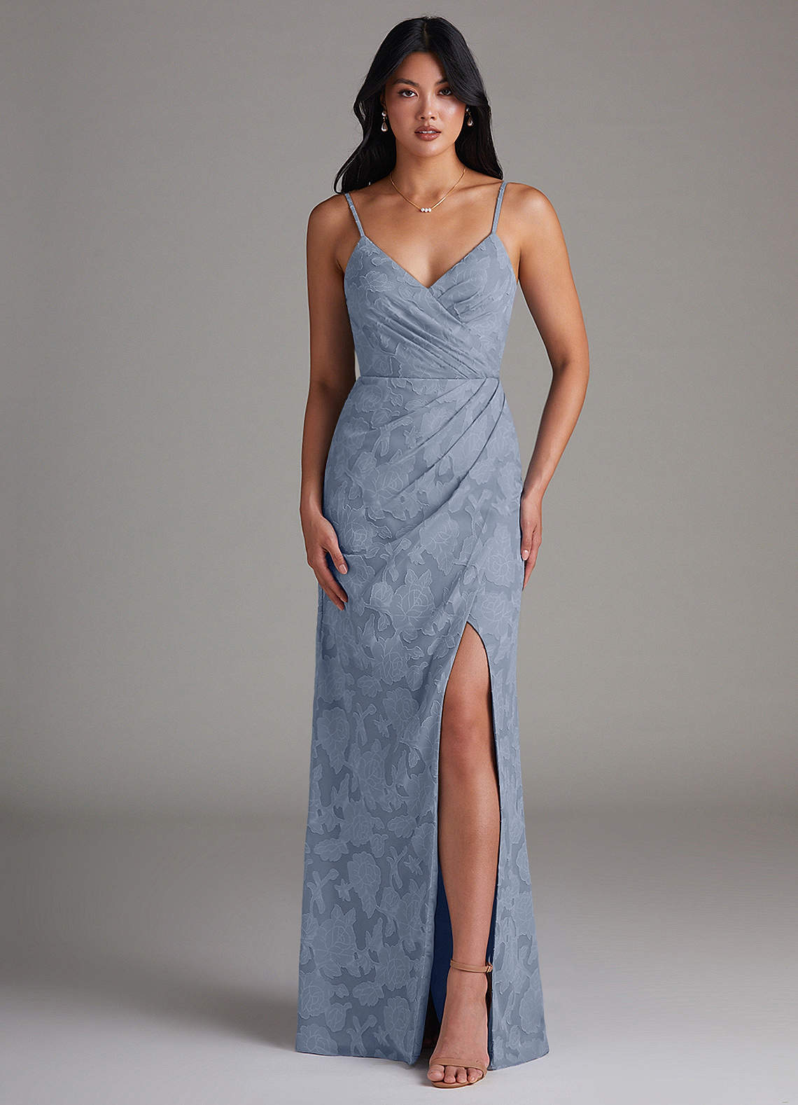 Maci Sheath V-Neck Floral Burnout Bridesmaid Dress in dusty blue