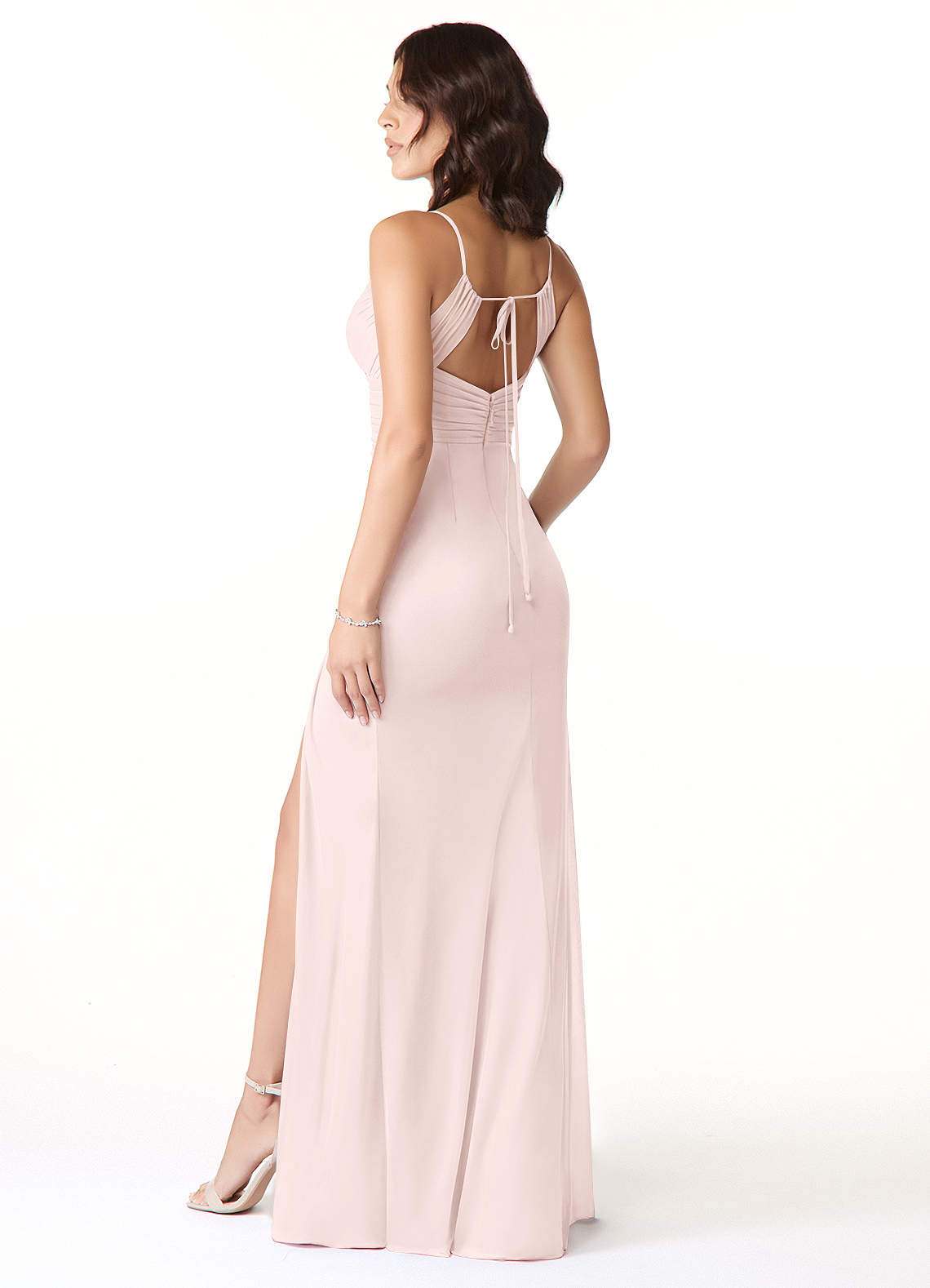 Reneya Mermaid V-Neck Mesh Bridesmaid Dress in Blushing Pink