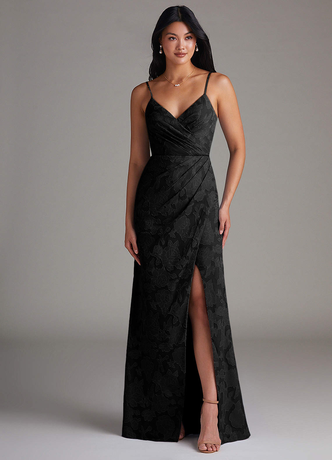 Maci Sheath V-Neck Floral Burnout Bridesmaid Dress in black