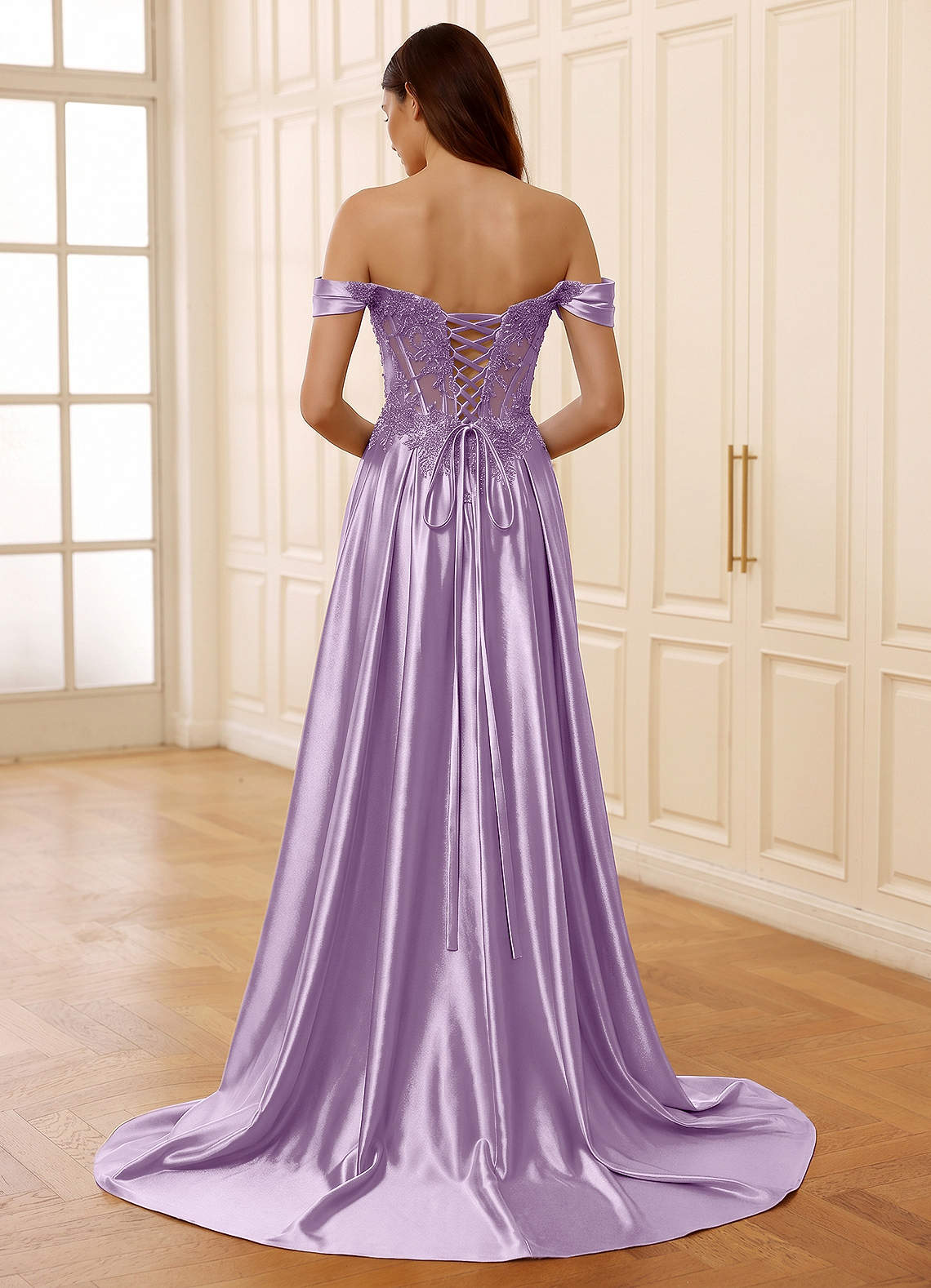 Rowane A-Line Off-the-Shoulder Satin Evening Dress in Lilac