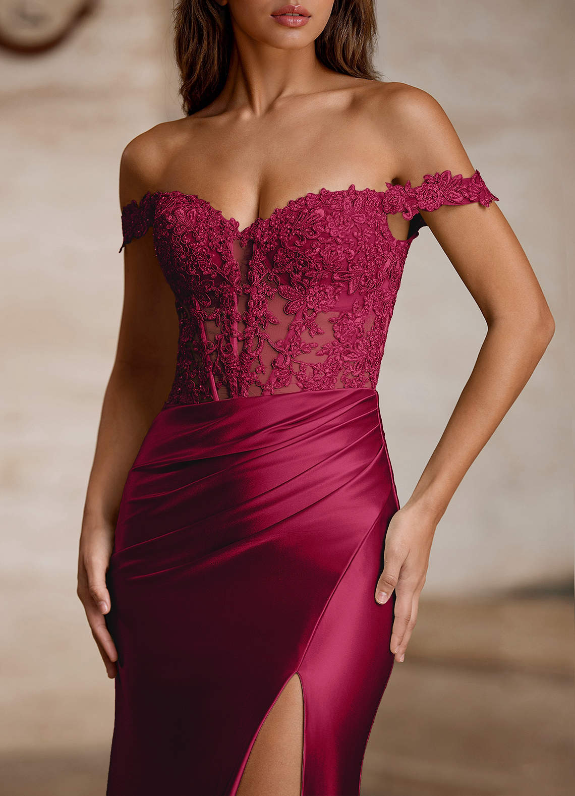Wrentino Mermaid Off-the-Shoulder Stretch Satin Evening Dress in Burgundy