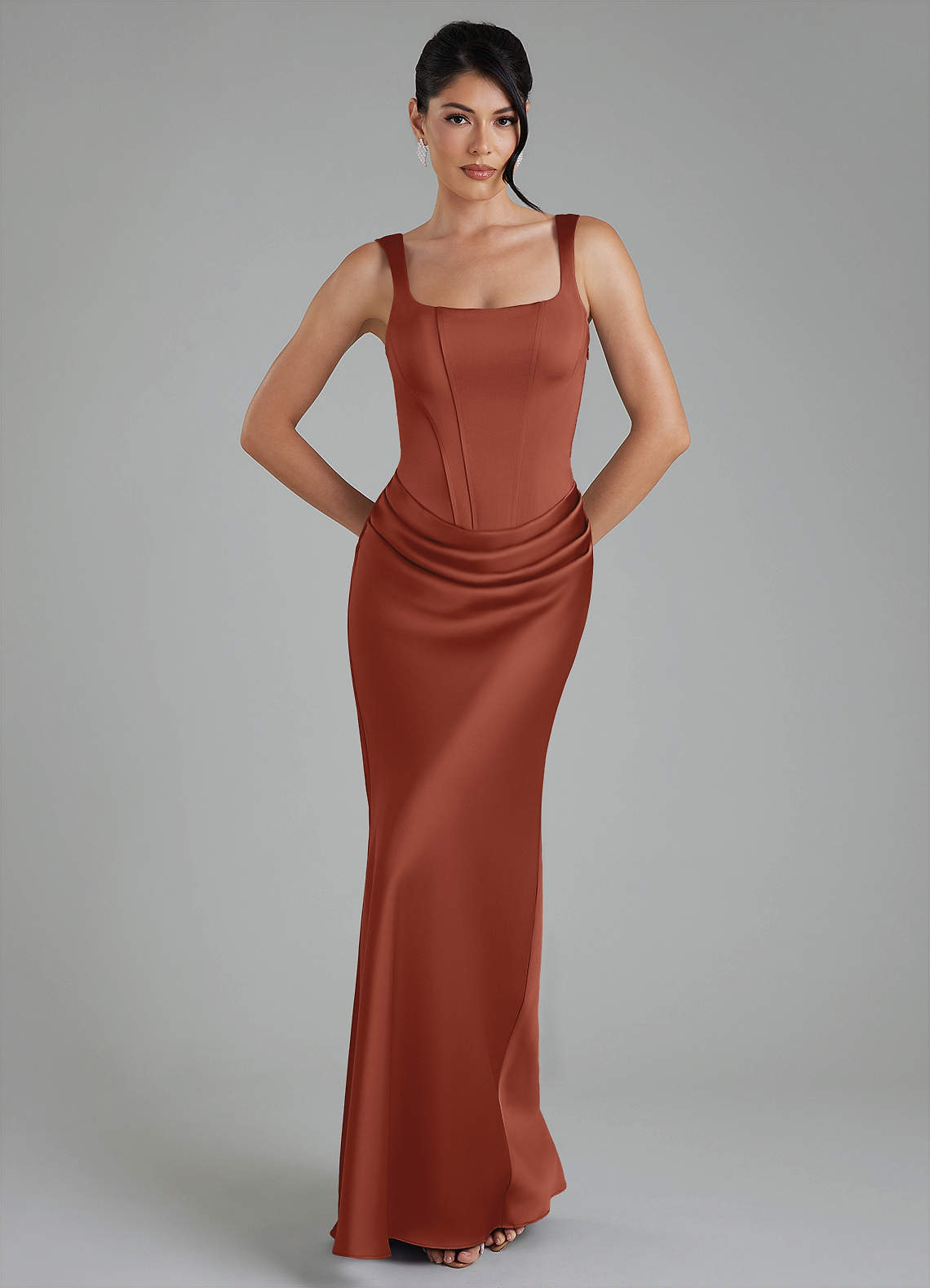 Etta Mermaid Square-Neck Stretch Satin Bridesmaid Dress in Auburn